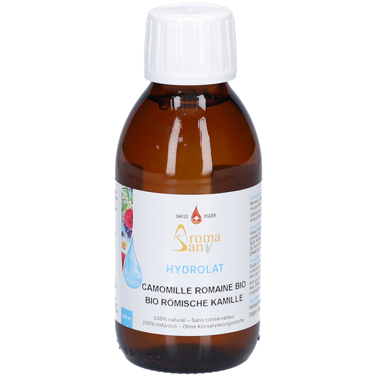 Braune Glasflasche mit weißem Deckel. Etikett mit Produktnamen, Logo und floraler Illustration. "HYDROLAT" und "BIO RÖMISCHE KAMILLE" lesbar.