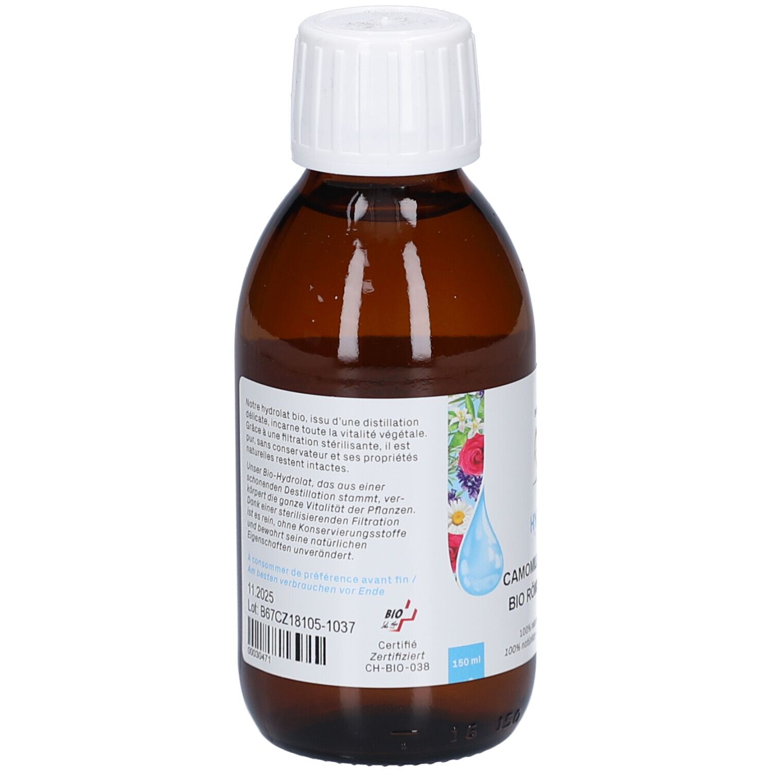 Rückseite der braunen Glasflasche. Etikett mit Text, floraler Illustration und Bio-Zertifizierung. "BIO-Hydrolat" und Chargennummer lesbar.