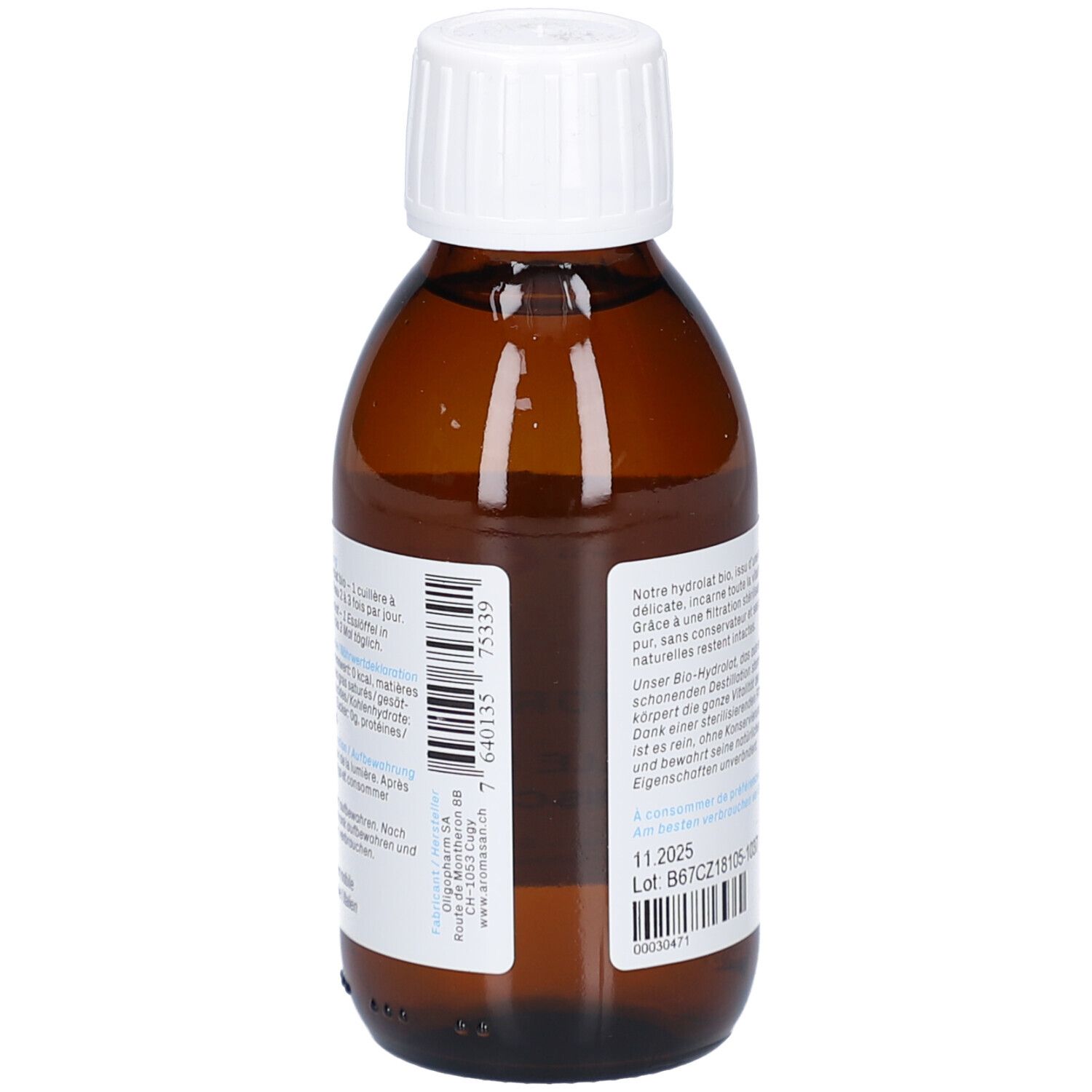 Rückansicht der braunen Glasflasche. Etikett mit Text und Barcode. Chargennummer und Haltbarkeitsdatum sind sichtbar.