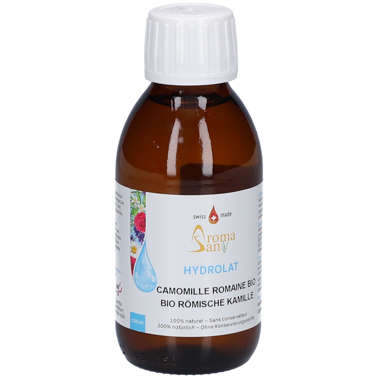 Braune Glasflasche mit weißem Deckel. Etikett mit Produktnamen, Logo und floraler Illustration. "HYDROLAT" und "BIO RÖMISCHE KAMILLE" lesbar.