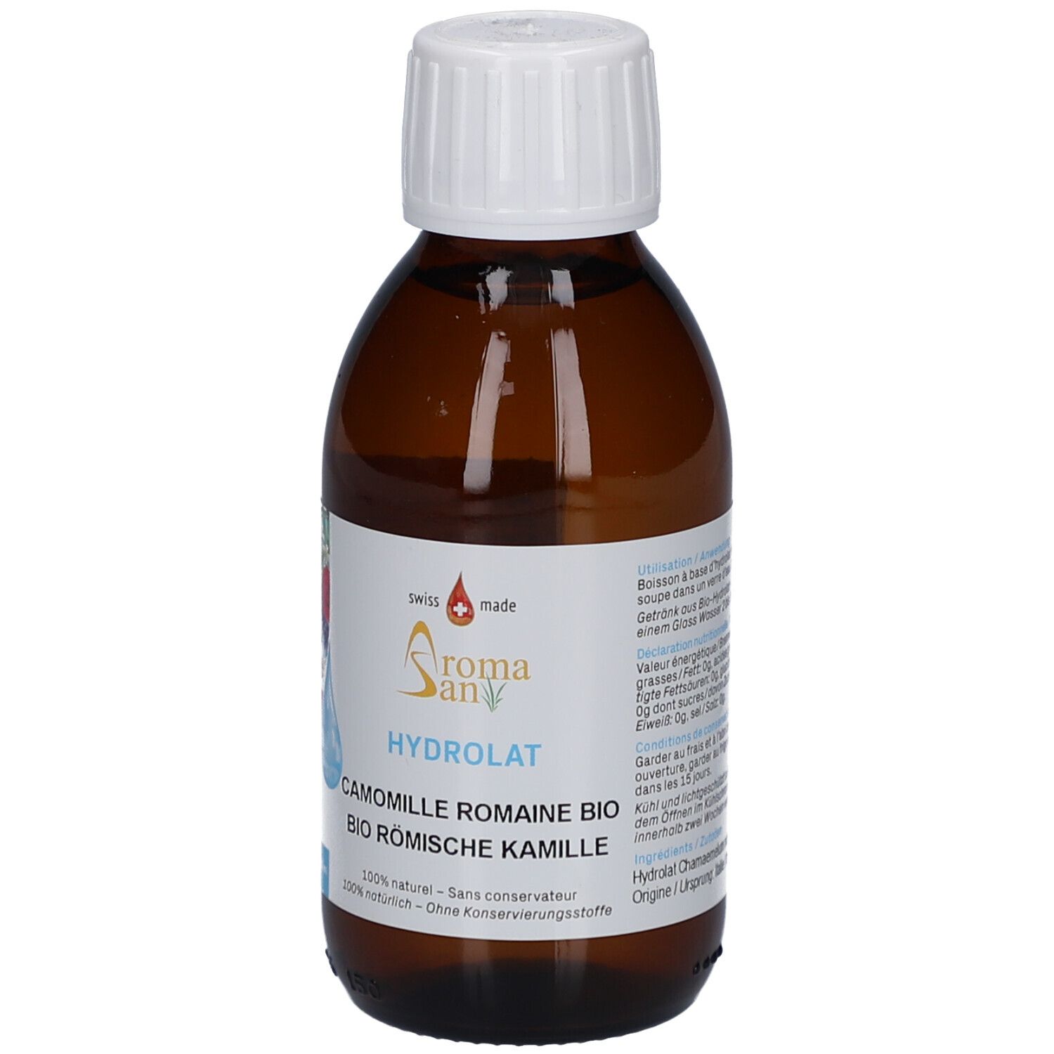 Braune Glasflasche mit weißem Deckel. Etikett mit Produktnamen, Logo und floraler Illustration. "HYDROLAT" und "BIO RÖMISCHE KAMILLE" lesbar.