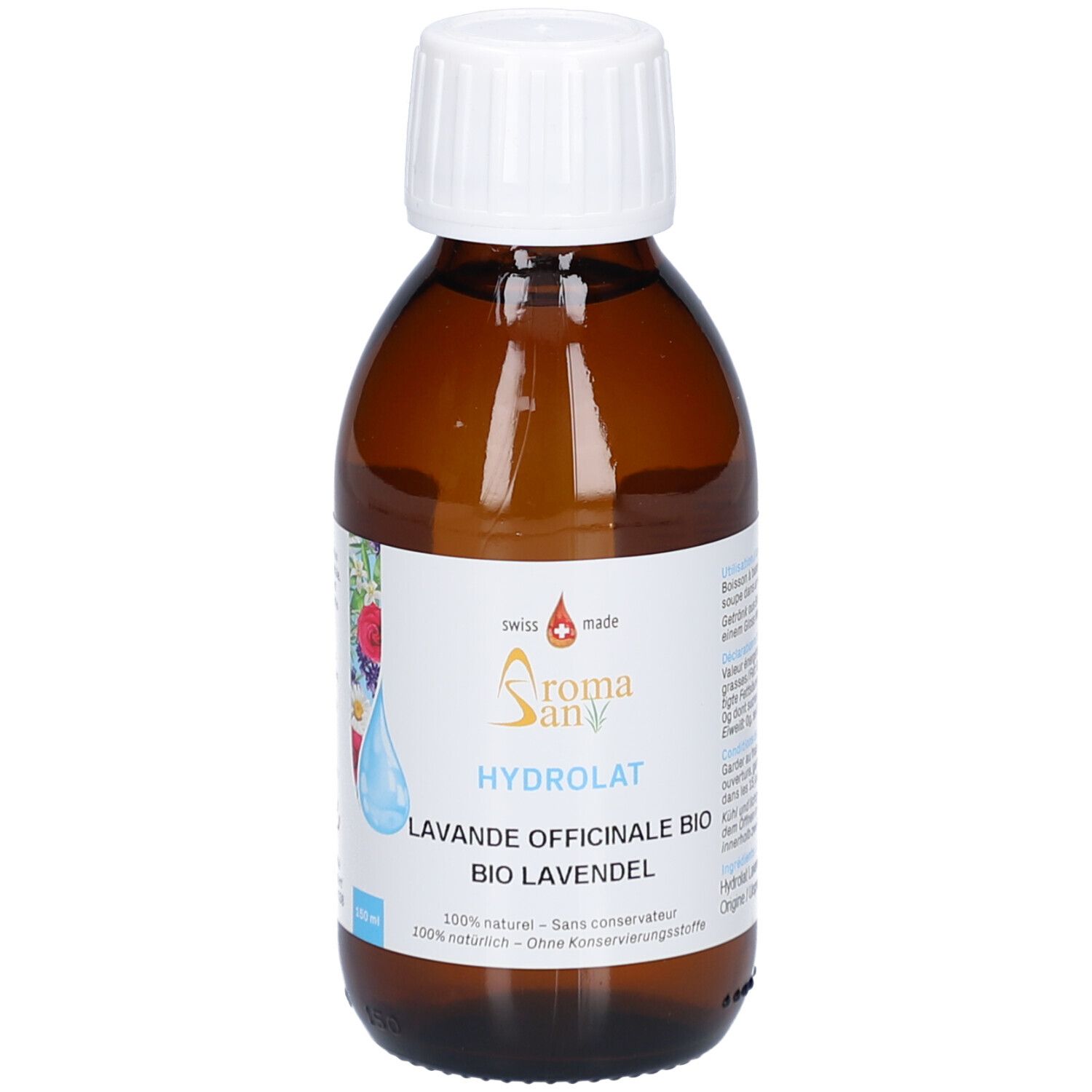 Braune Glasflasche mit weißem Deckel. Etikett mit Produktnamen, Logo und Inhaltsangaben. Swiss Made.