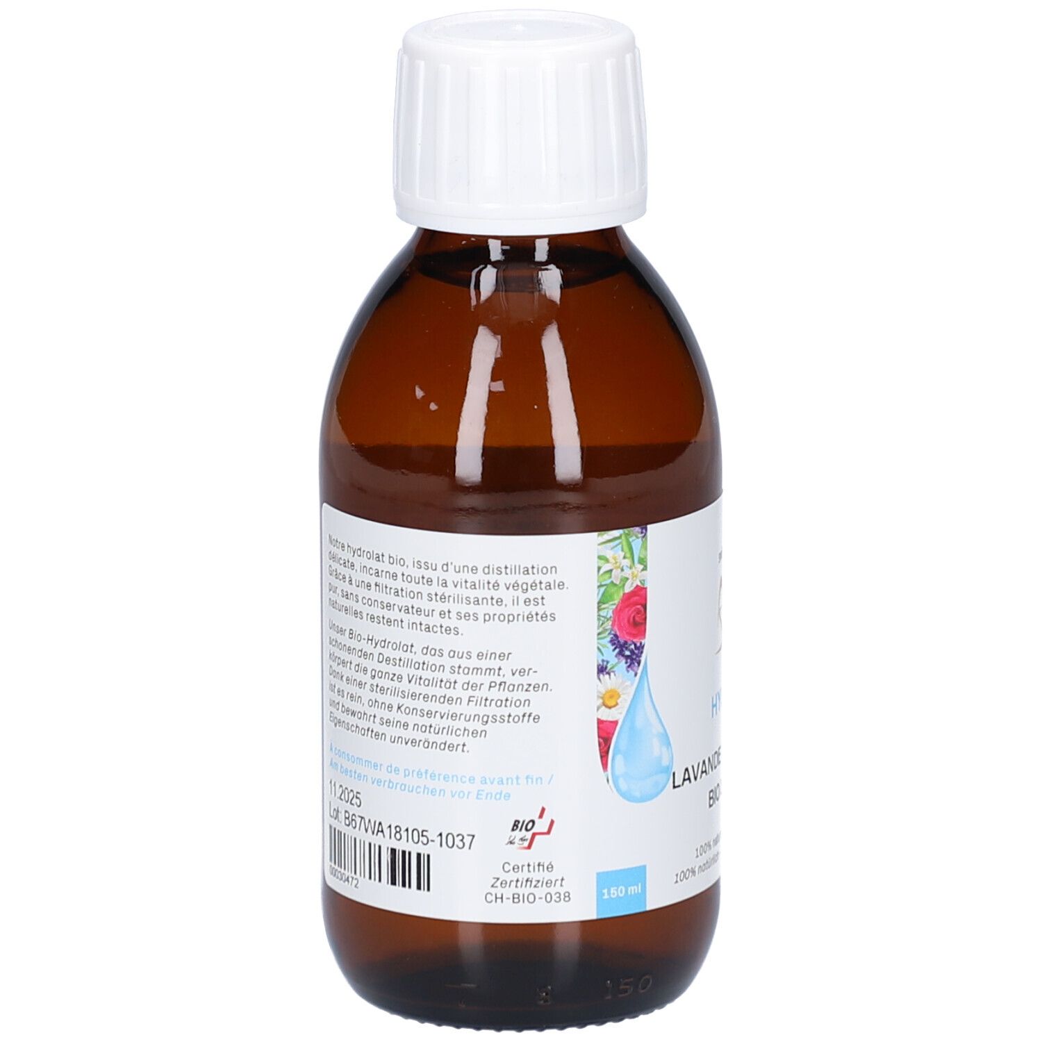 Braune Glasflasche mit weißem Deckel. Etikett mit Produktnamen, Logo und Inhaltsangaben. Bio-Zertifizierung.