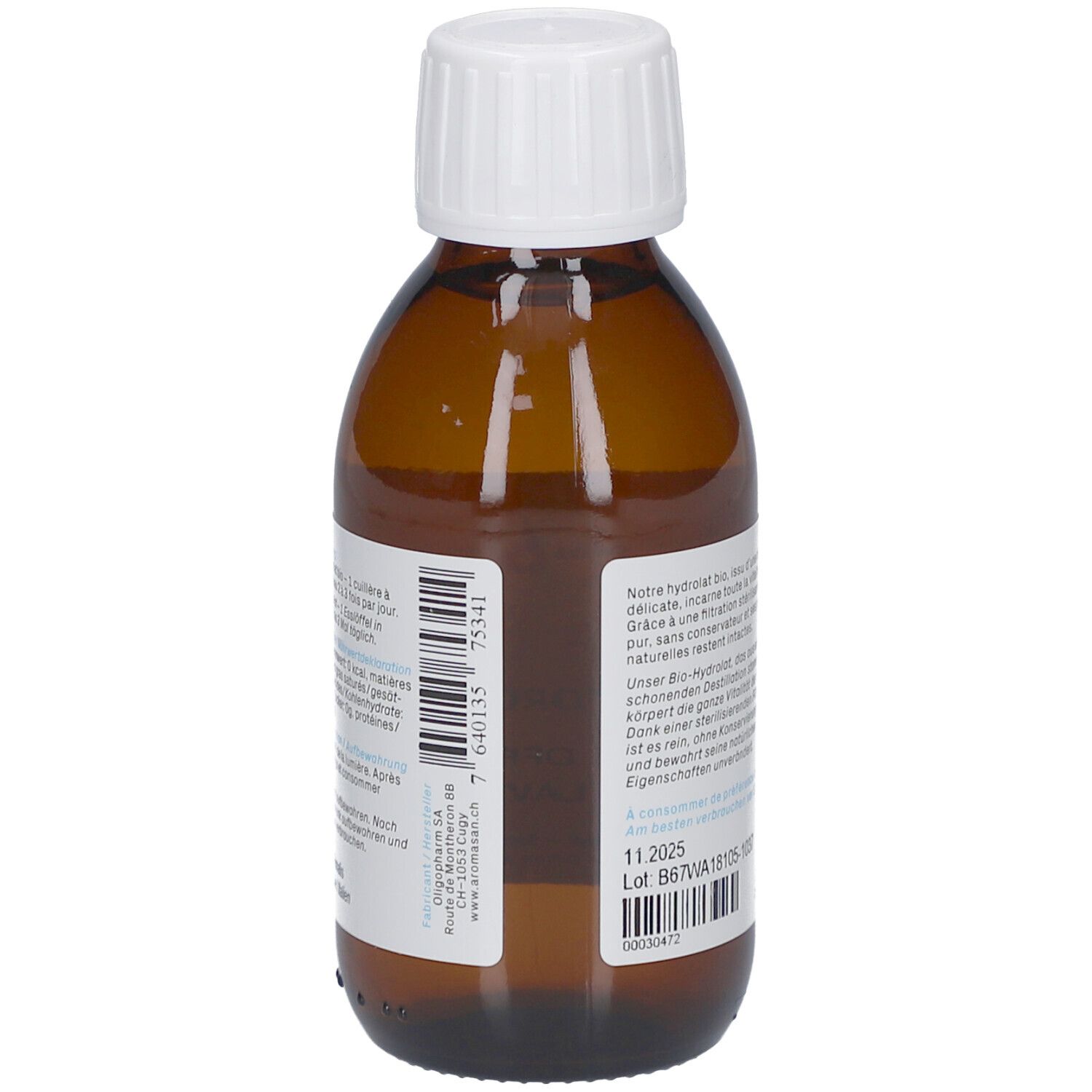 Braune Glasflasche mit weißem Deckel. Etikett mit Produktnamen, Logo und Inhaltsangaben. Rückseite mit Text.