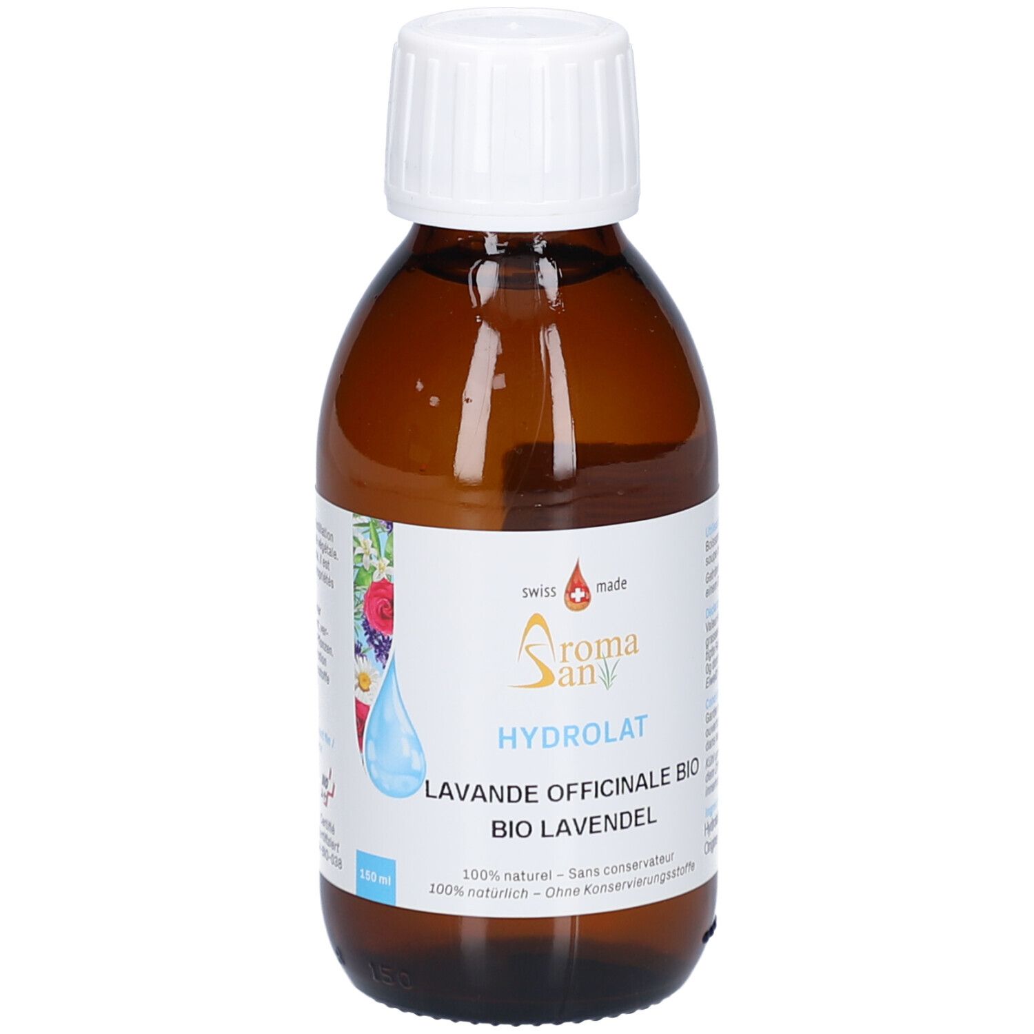 Braune Glasflasche mit weißem Deckel. Etikett mit Produktnamen, Logo und Inhaltsangaben. Swiss Made.