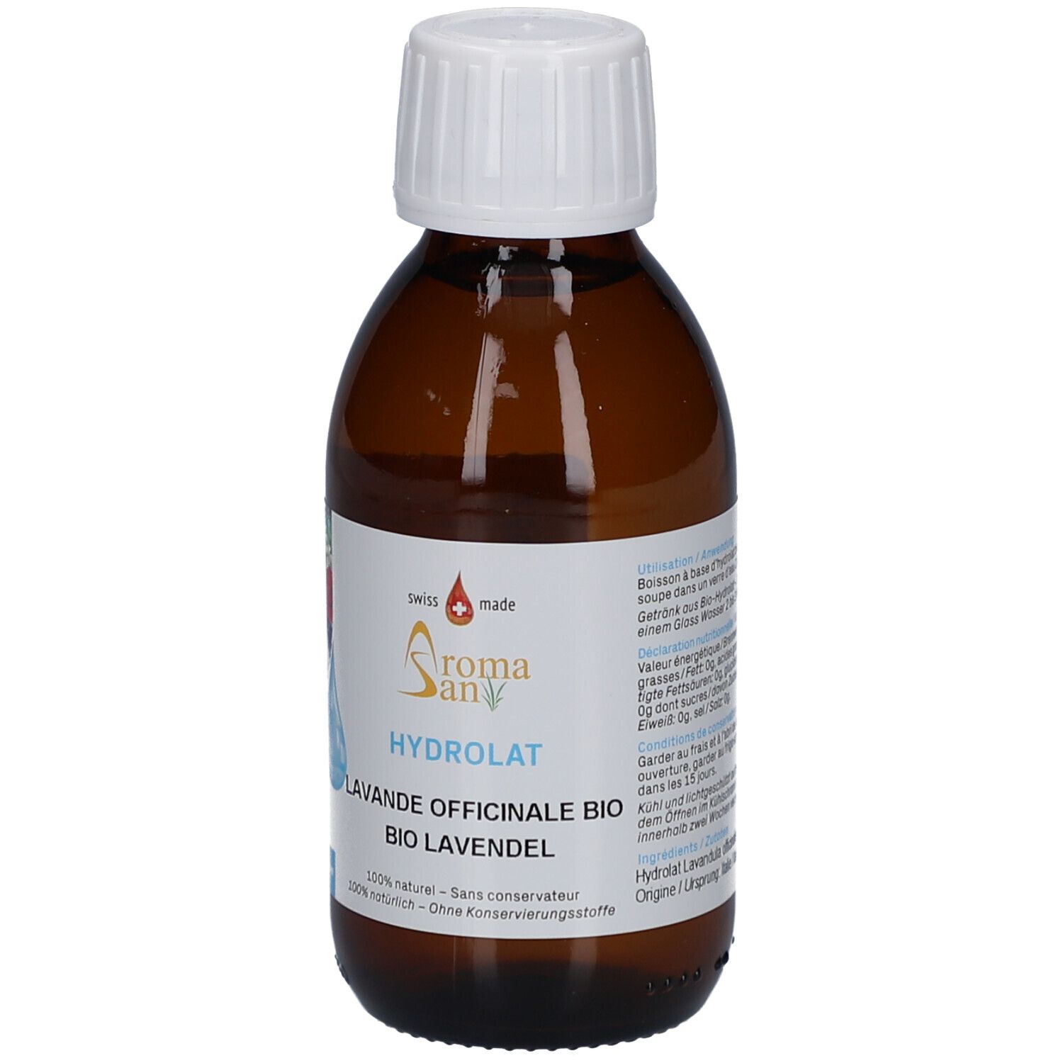 Braune Glasflasche mit weißem Deckel. Etikett mit Produktnamen, Logo und Inhaltsangaben. Swiss Made.