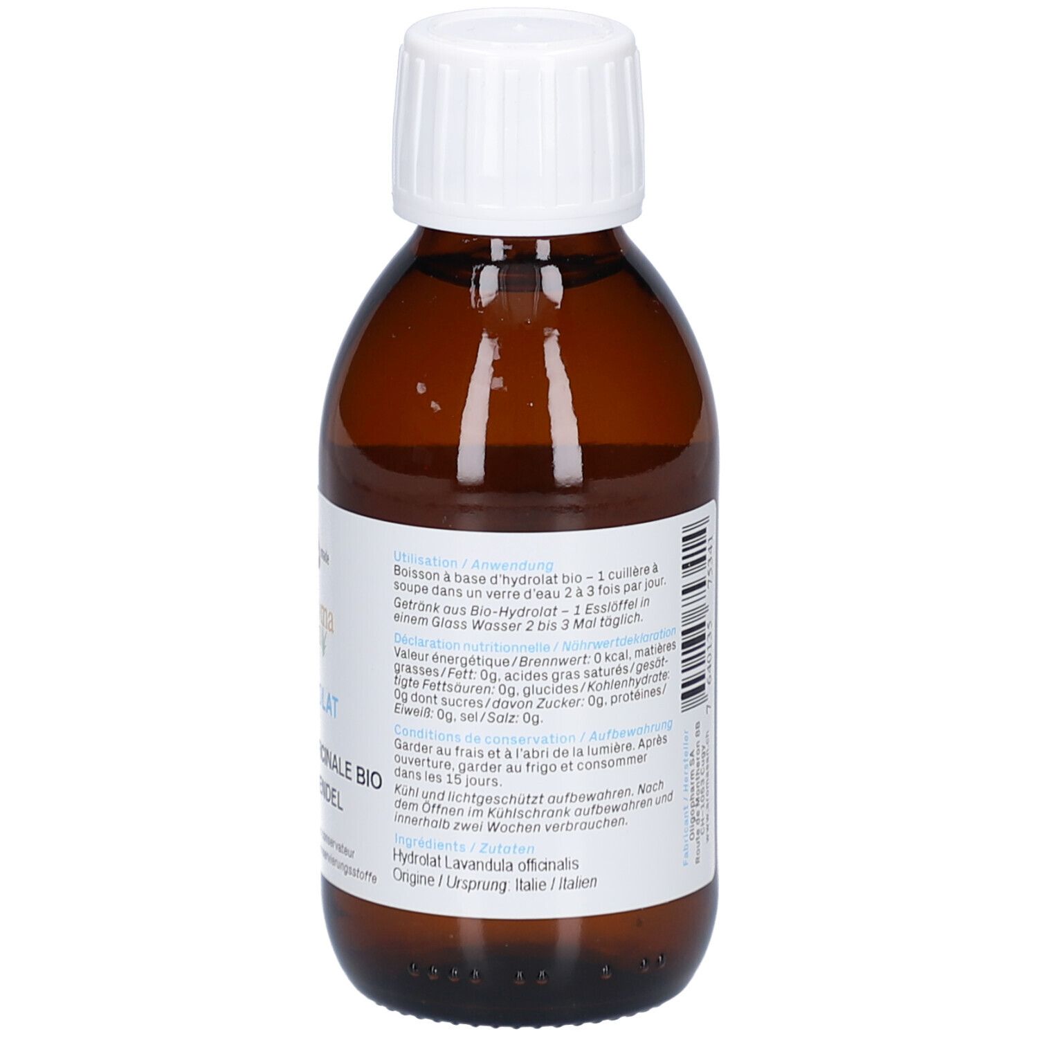 Braune Glasflasche mit weißem Deckel. Etikett mit Produktnamen, Logo und Inhaltsangaben. Text mit Nährwertangaben.