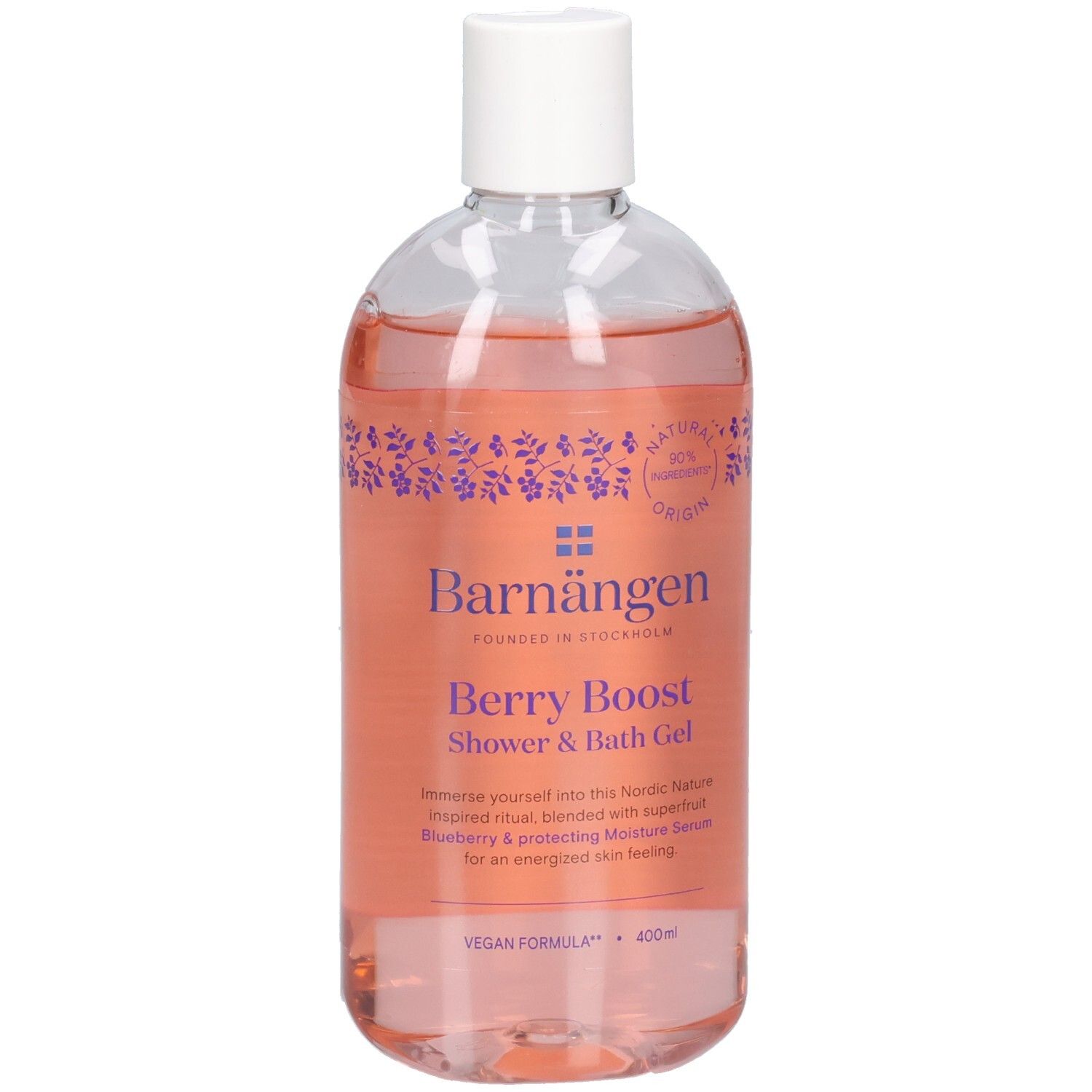 Barnängen Berry Boost Dusch- und Badegel in klarer Flasche mit weißem Verschluss. Rosa Flüssigkeit.