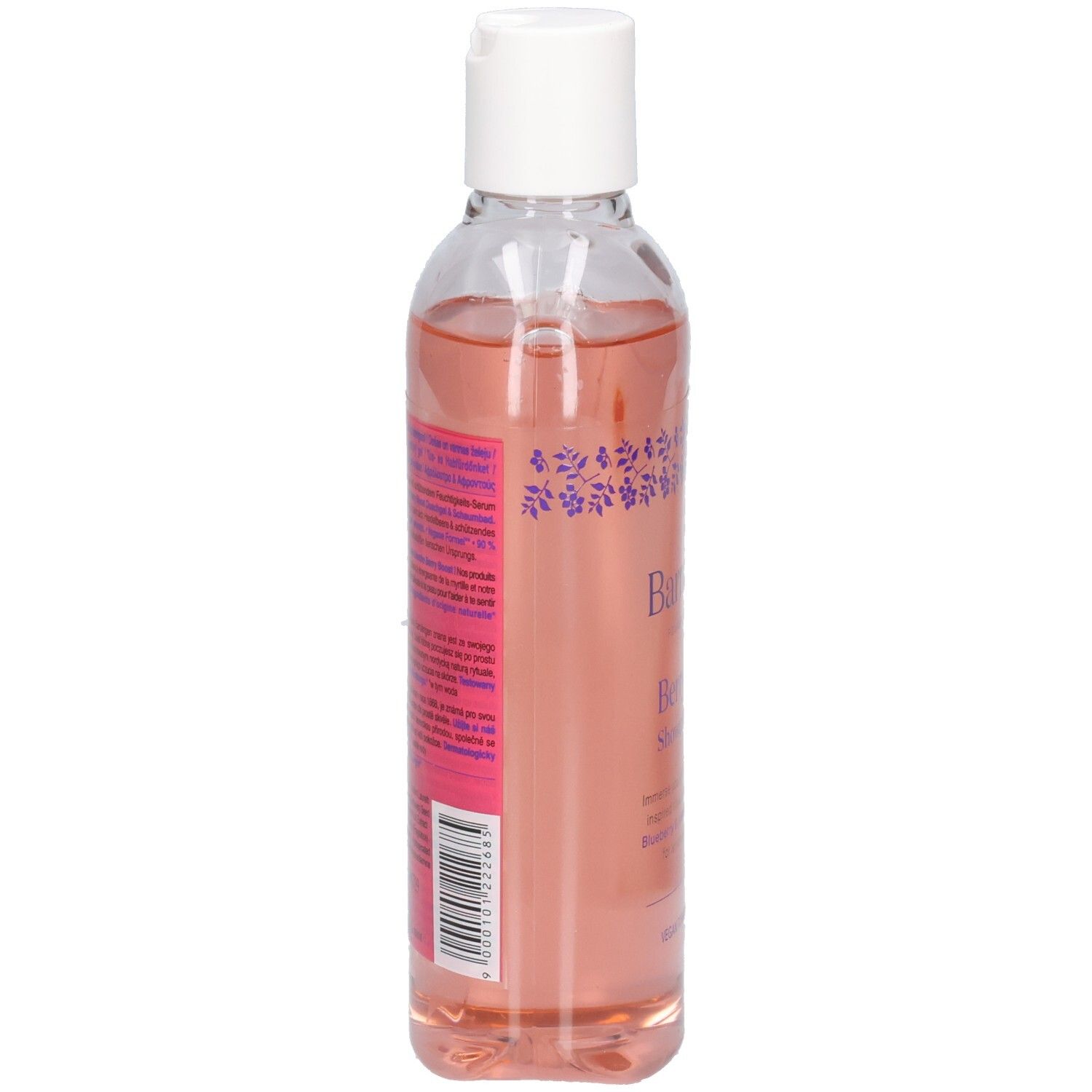Rückseite der Barnängen Berry Boost Dusch- und Badegel-Flasche. Etikett mit Produktinformationen und Barcode.