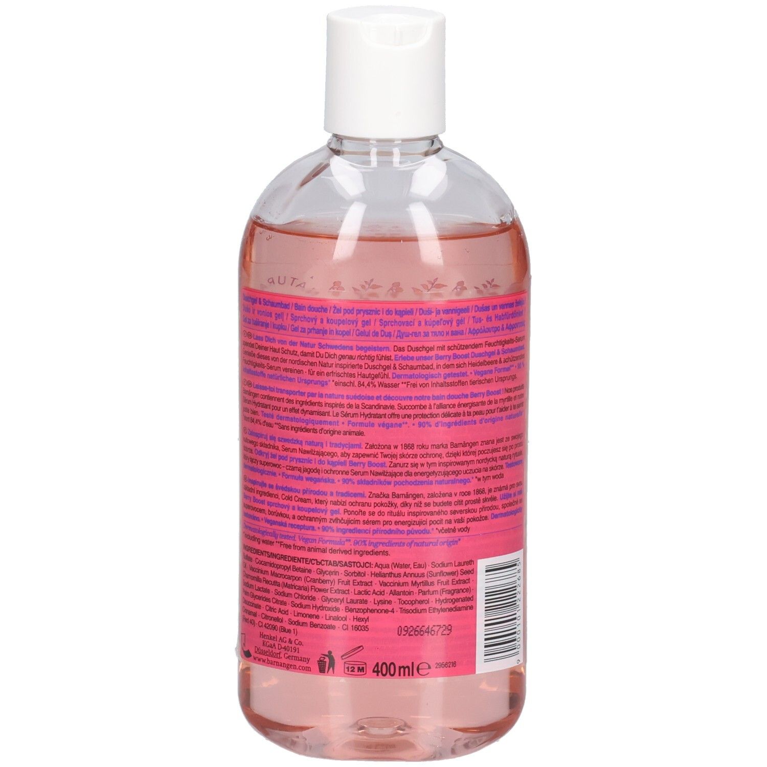 Rückseite der Barnängen Berry Boost Dusch- und Badegel-Flasche. Etikett mit detaillierten Informationen und 400ml Angabe.
