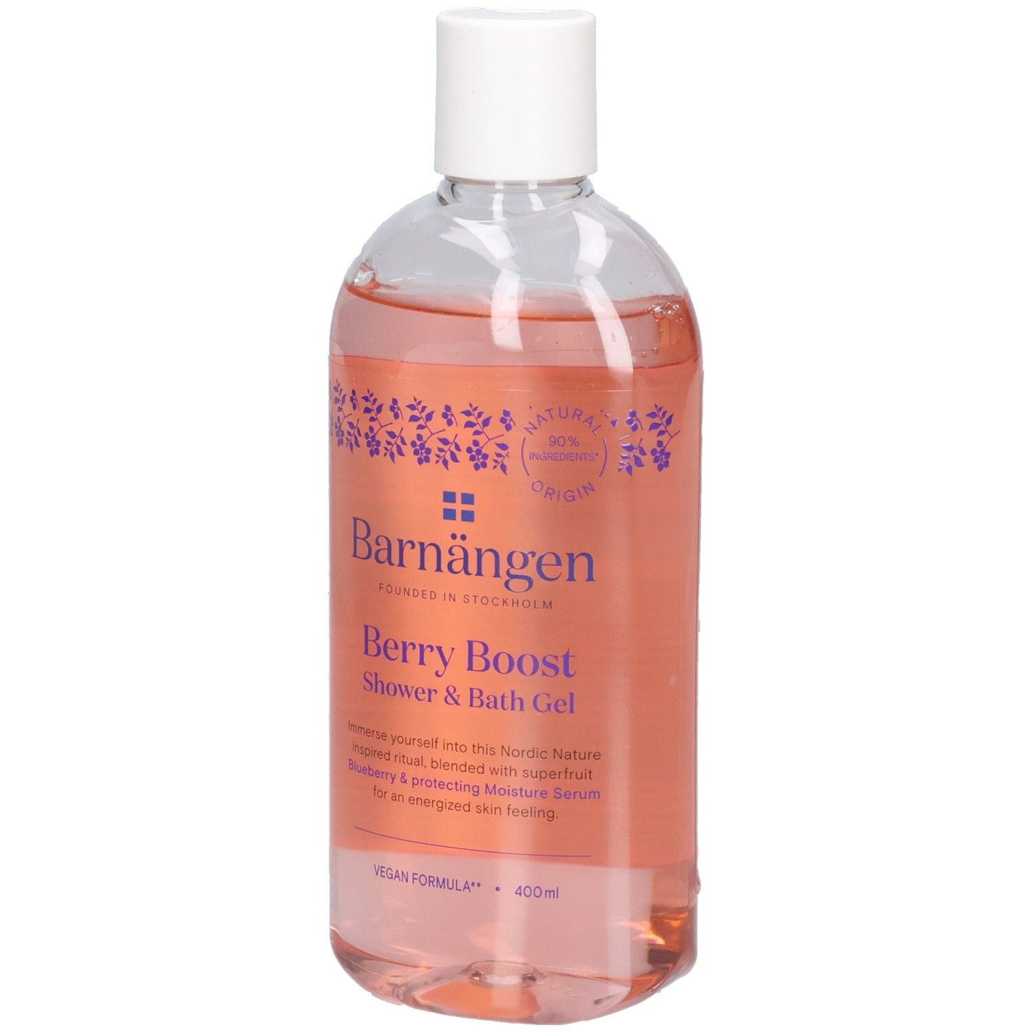Barnängen Berry Boost Dusch- und Badegel in klarer Flasche mit weißem Verschluss. Rosa Flüssigkeit und lila Muster.