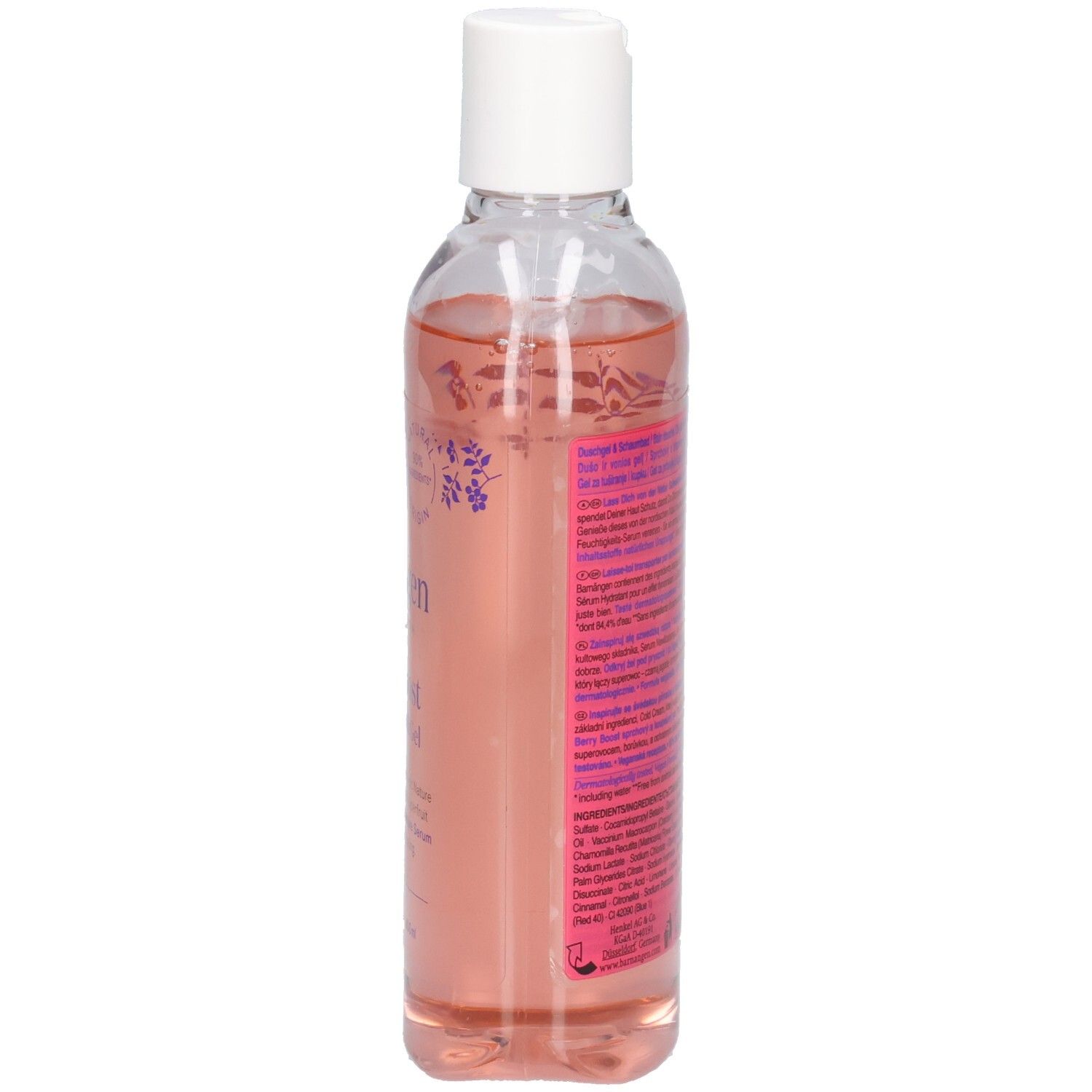 Seitenansicht der Barnängen Berry Boost Dusch- und Badegel-Flasche. Rosa Flüssigkeit und Etikett mit Text.