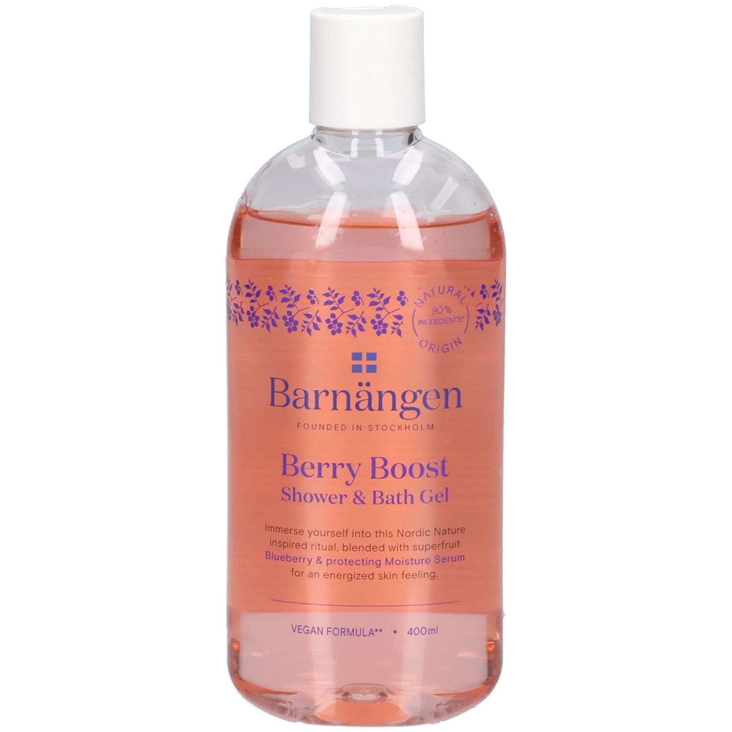 Barnängen Berry Boost Dusch- und Badegel in klarer Flasche mit weißem Verschluss. Rosa Flüssigkeit und lila Muster.