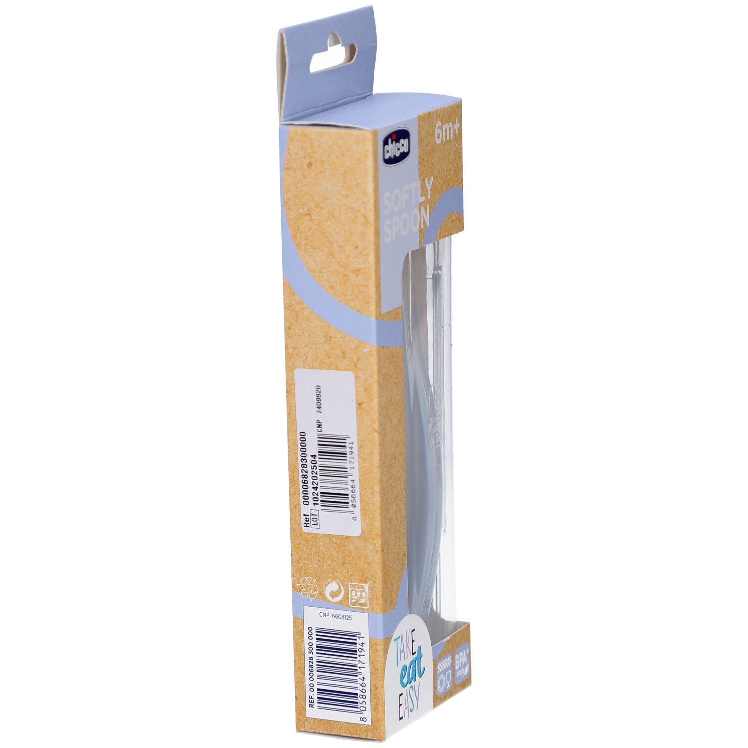 Seitenansicht der Verpackung. Marke Chicco, Softly Spoon. Barcode, Made in Italy. BPA-frei.