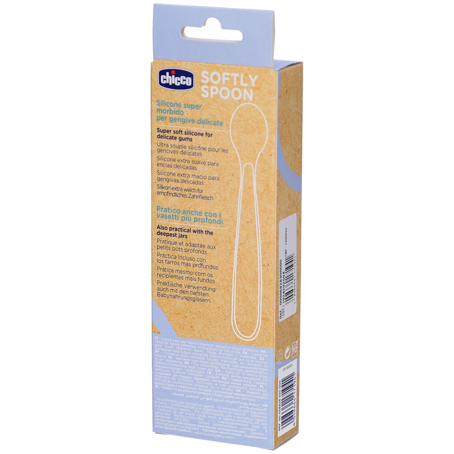 Rückseite der Verpackung. Marke Chicco, Softly Spoon. Beschreibung in mehreren Sprachen. BPA-frei.