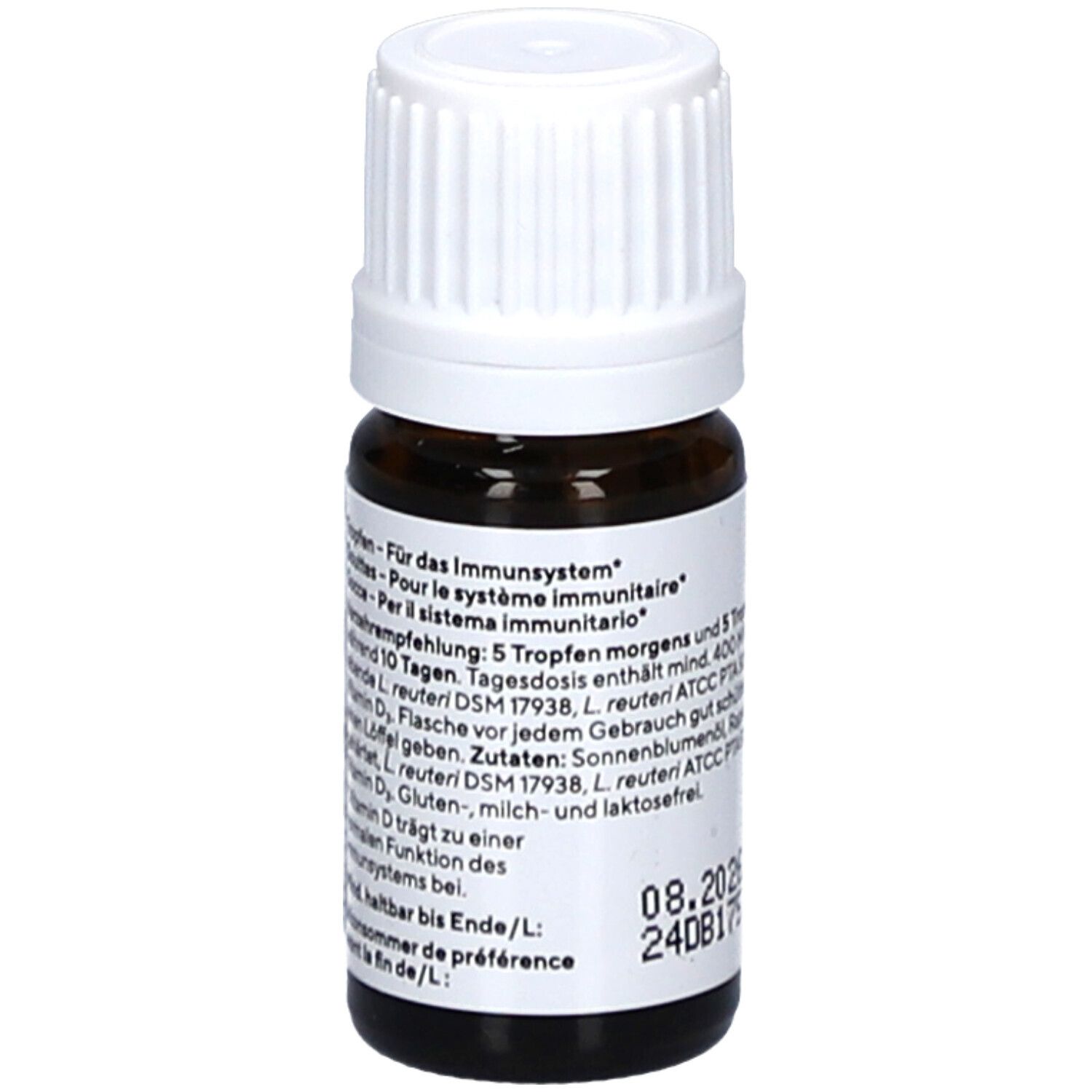 Braune Glasflasche mit weißem Verschluss. Etikett mit Text, Dosierungsempfehlung und Inhaltsstoffen. 5 ml.