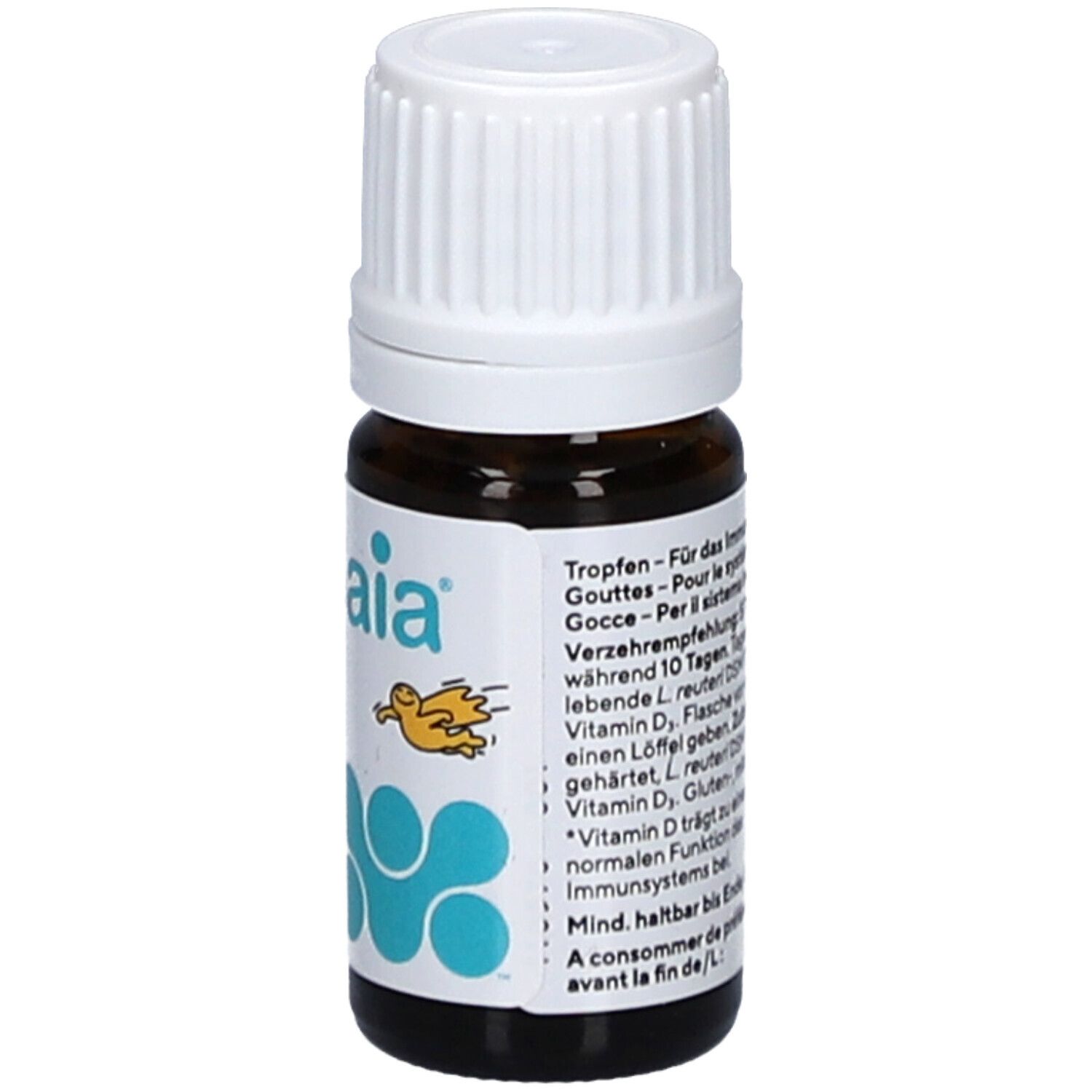 Braune Glasflasche mit weißem Verschluss. Etikett mit "BiGaia Pharax", Logo und 5 ml. Tropfen für Immunsystem.