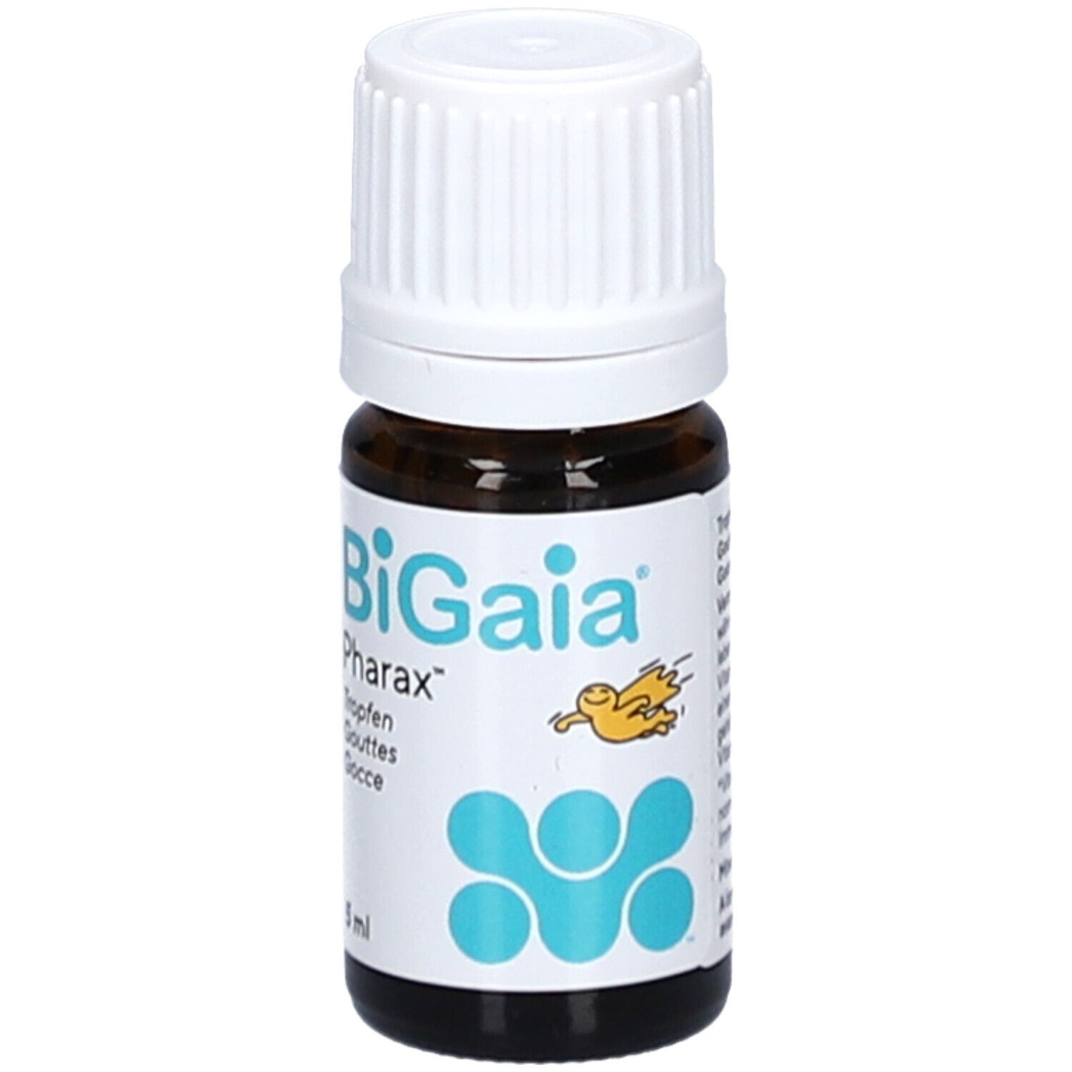 Braune Glasflasche mit weißem Verschluss. Etikett mit "BiGaia Pharax", Logo und 5 ml. Tropfen für Immunsystem.