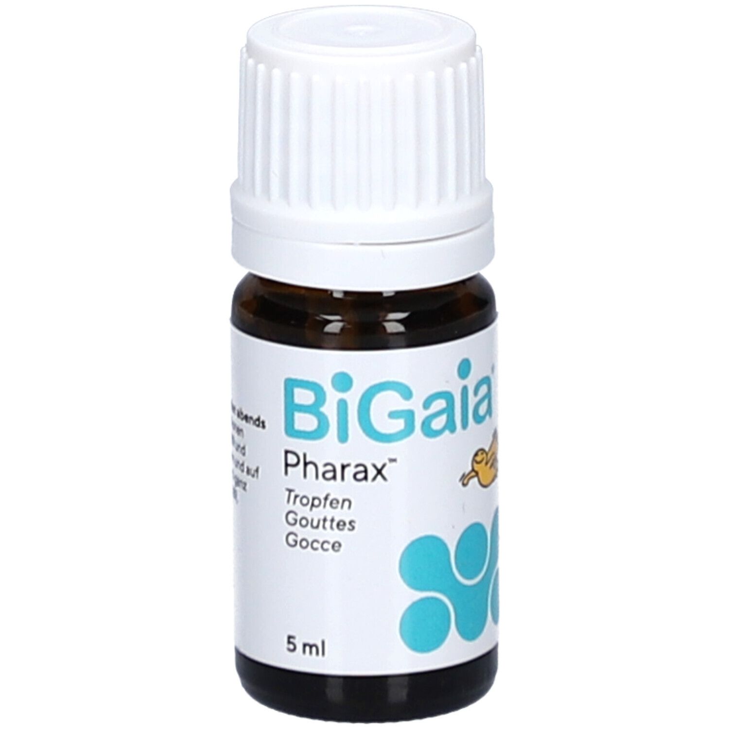 Braune Glasflasche mit weißem Verschluss. Etikett mit "BiGaia Pharax", Logo und 5 ml. Tropfen für Immunsystem.