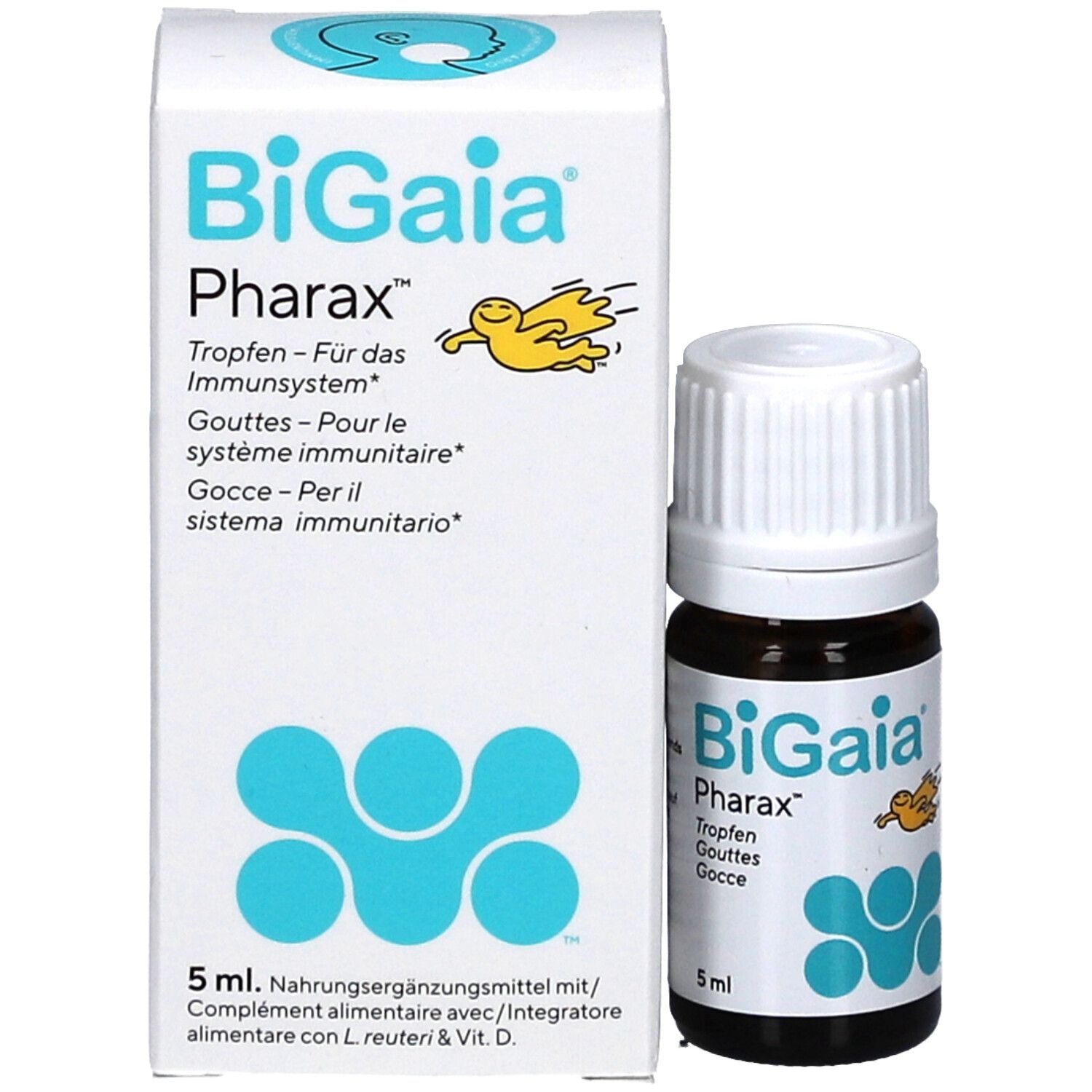 Produktverpackung und Flasche. Weiße Schachtel mit "BiGaia Pharax" und Logo. Braune Flasche mit 5 ml.