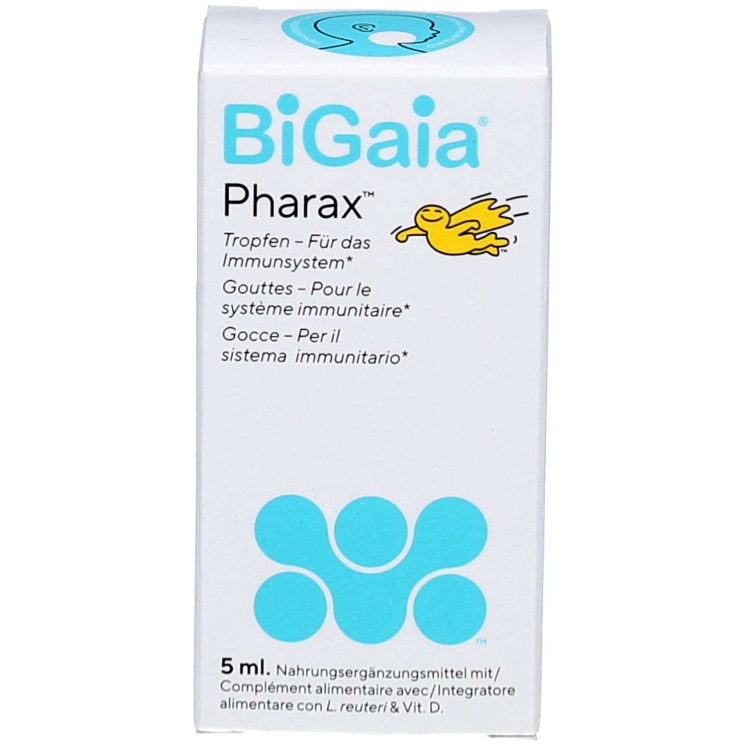 Weiße Produktverpackung mit "BiGaia Pharax" und Logo. Enthält 5 ml. Nahrungsergänzungsmittel.