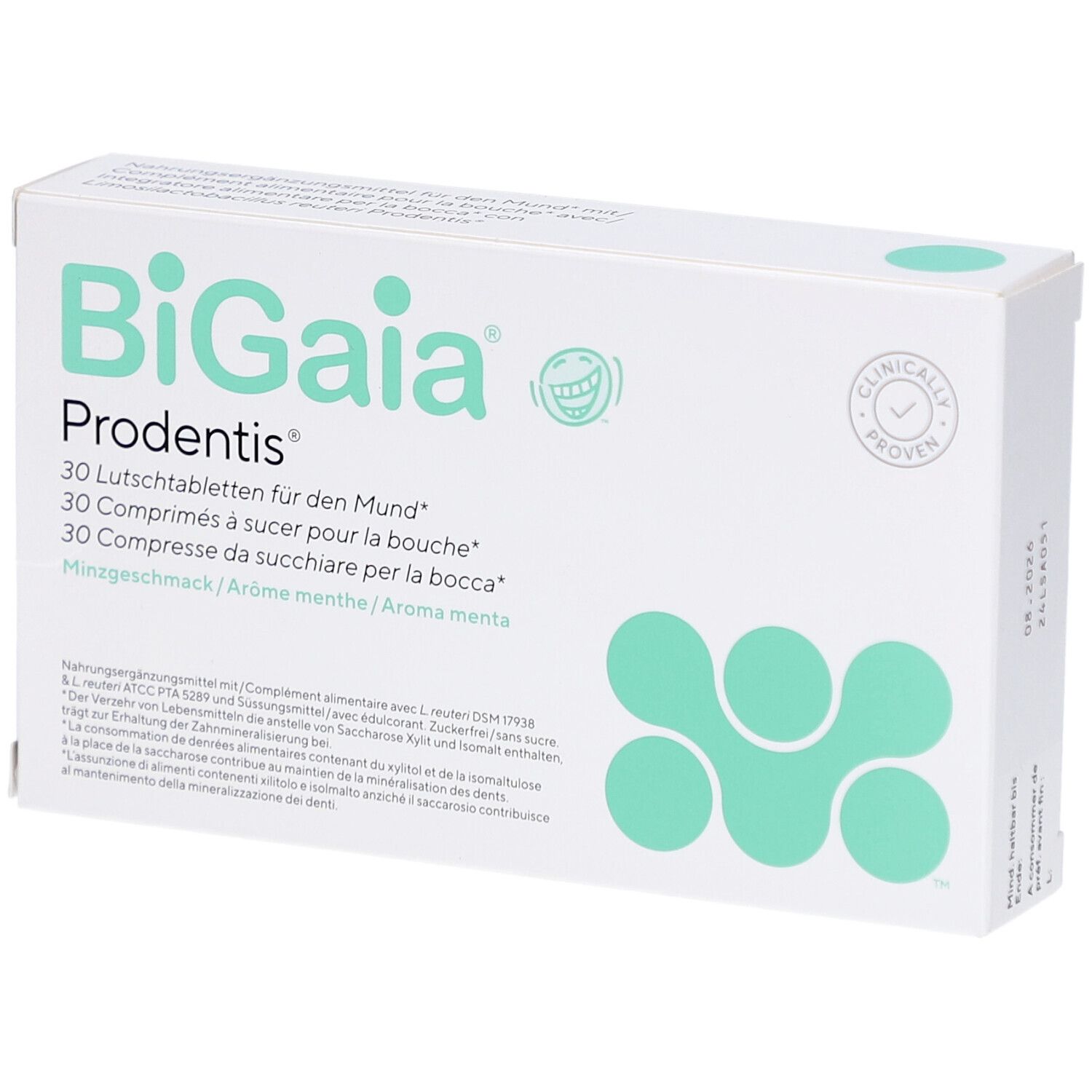 Weiße Schachtel mit "BiGaia Prodentis". 30 Lutschtabletten. Mint-Geschmack. Grün-weiße Verpackung. "CLINICALLY PROVEN"-Siegel.