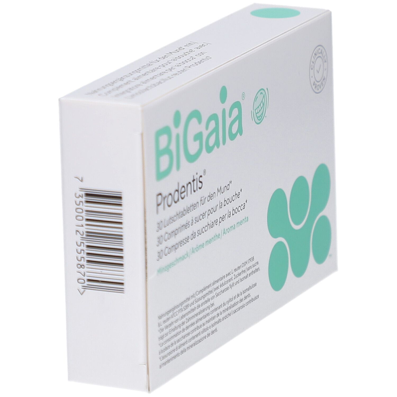 Schachtel "BiGaia Prodentis" in Schrägansicht. 30 Lutschtabletten. Grün-weiße Verpackung. Logo und Text. Mint-Geschmack.