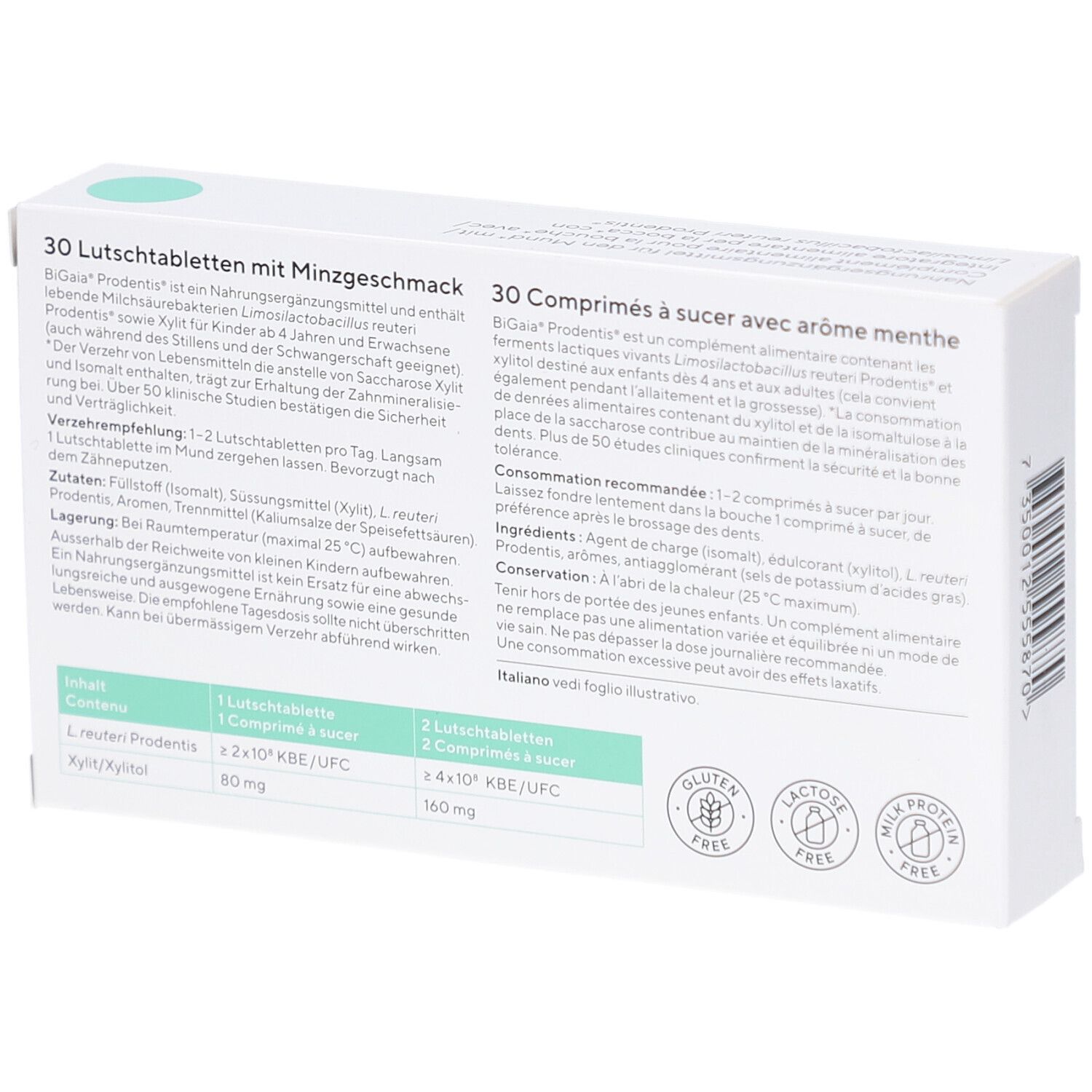 Rückseite der Schachtel "BiGaia Prodentis". Text in Deutsch, Französisch und Italienisch. Zutatenliste. Gluten-, Laktose- und Milchfrei.