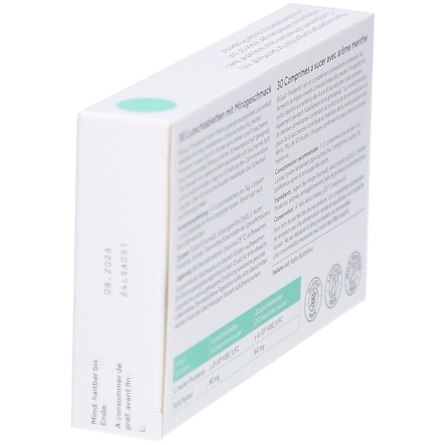 Schachtel "BiGaia Prodentis" in Schrägansicht. Text in Deutsch und Französisch. Mindesthaltbarkeitsdatum. Mint-Geschmack.