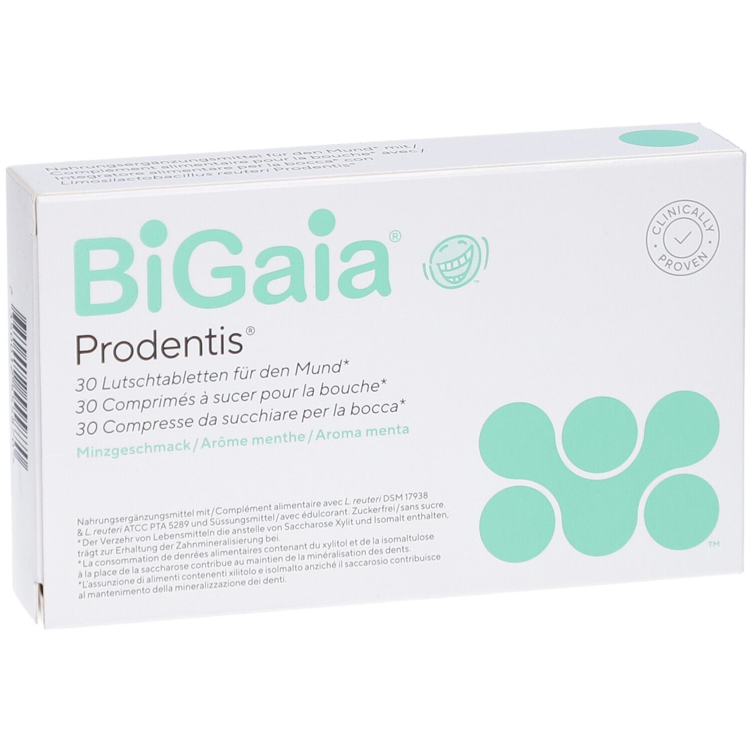 Weiße Schachtel mit "BiGaia Prodentis". 30 Lutschtabletten. Mint-Geschmack. Grün-weiße Verpackung. "CLINICALLY PROVEN"-Siegel.