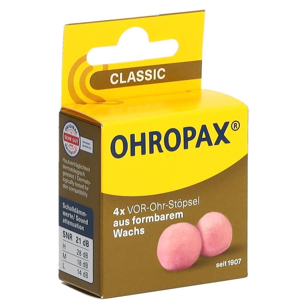 Boîte jaune avec logo "OHROPAX" et texte "CLASSIC". Contient 4 bouchons d'oreille roses en cire malléable. SNR 21 dB.