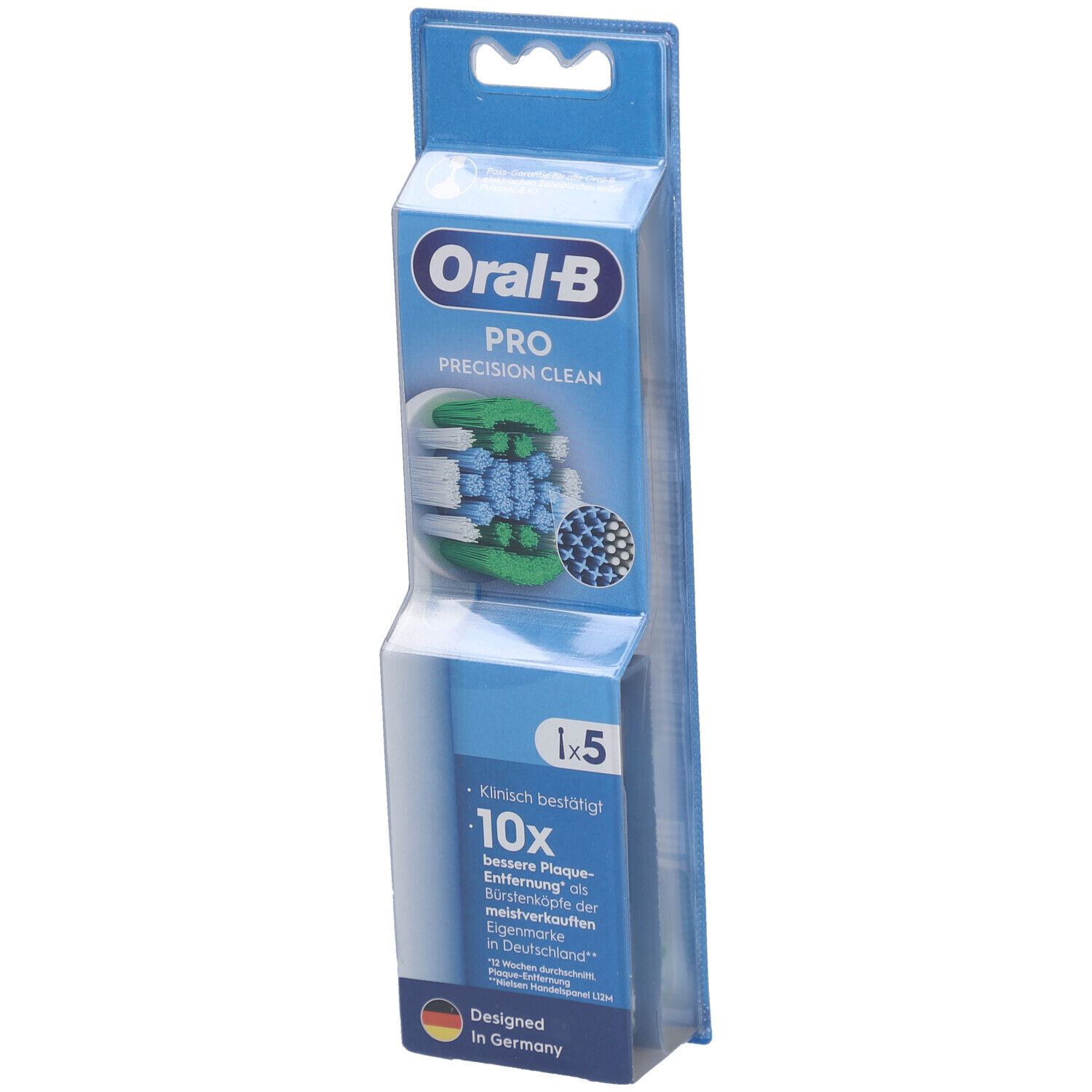 Têtes de brosse à dents Oral-B Pro Precision Clean, emballage de 5. Soies bleues et vertes. Marque et nom du produit visibles.