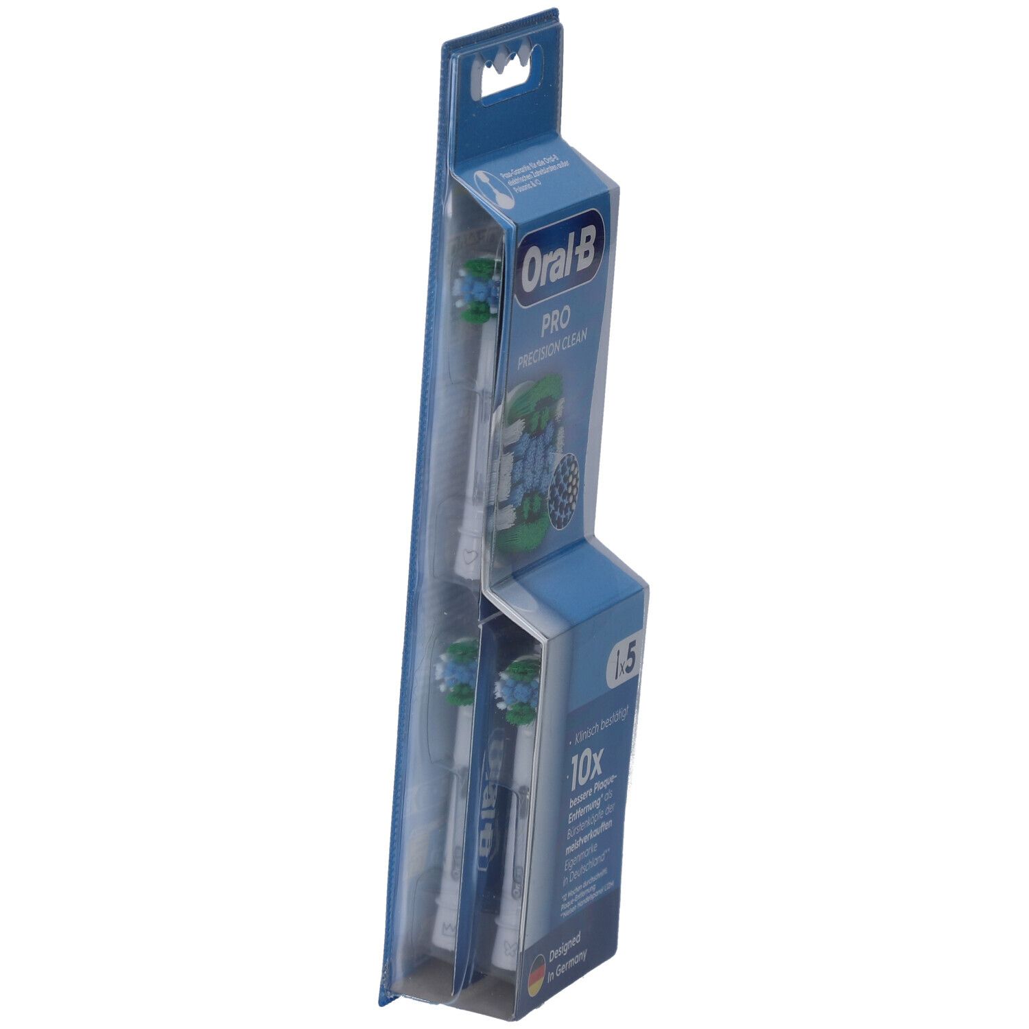 Têtes de brosse à dents Oral-B Pro Precision Clean en emballage. 5 pièces. Soies bleues et vertes. Emballage en biais.