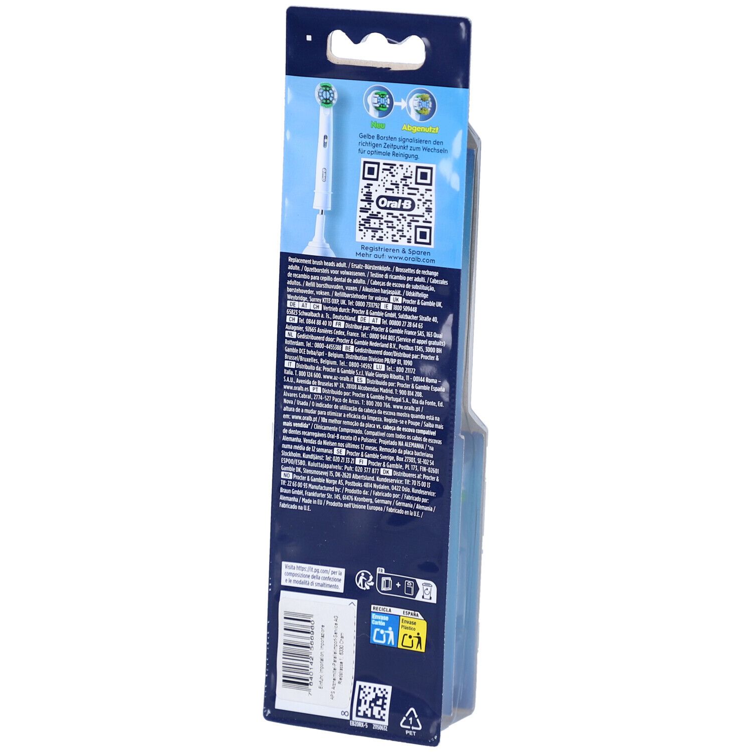Dos de l'emballage des têtes de brosse à dents Oral-B Pro Precision Clean. Texte et code QR. Image du produit.