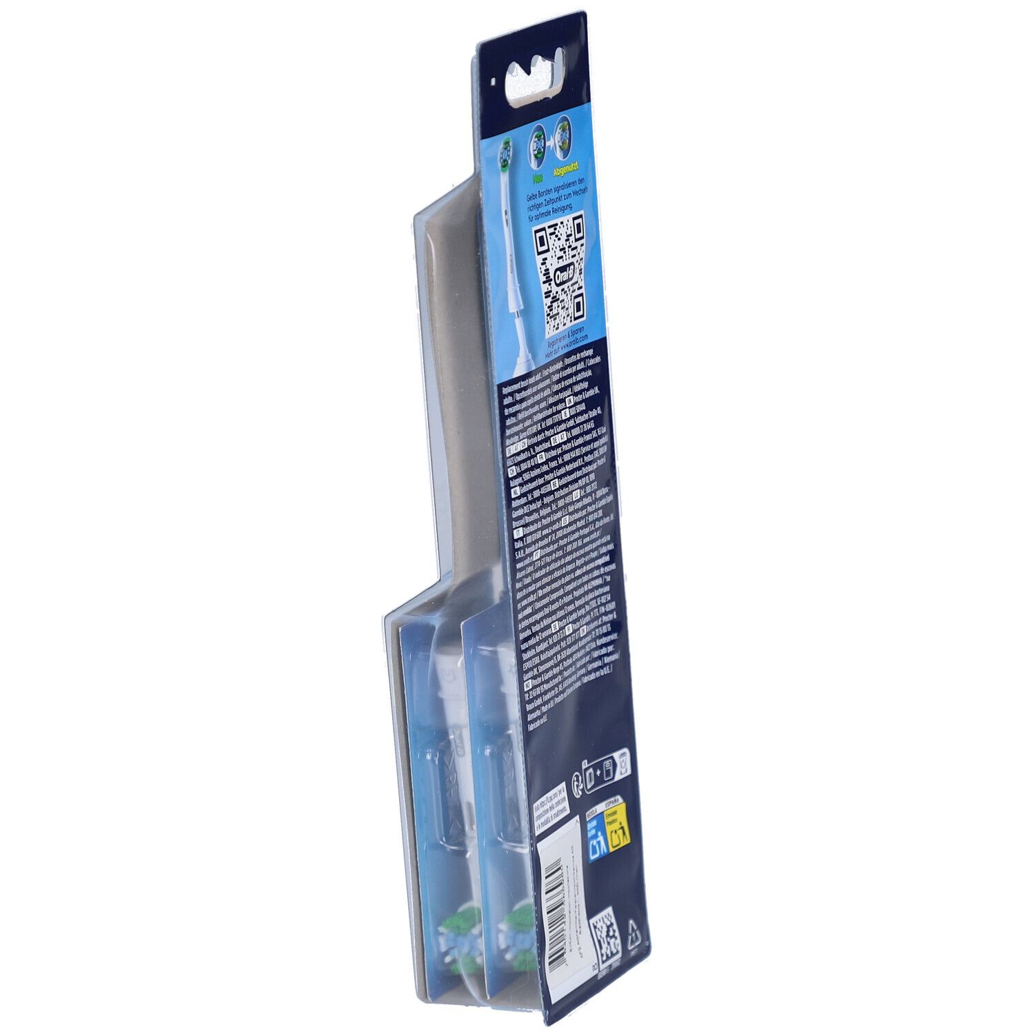 Emballage des têtes de brosse à dents Oral-B Pro Precision Clean. Vue arrière. Texte et code QR. Image du produit.