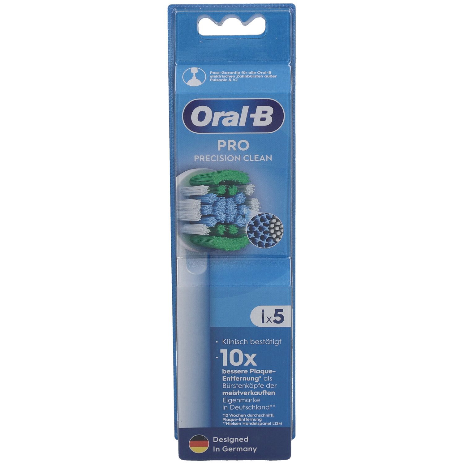 Têtes de brosse à dents Oral-B Pro Precision Clean, emballage de 5. Soies bleues et vertes. Marque et nom du produit visibles.