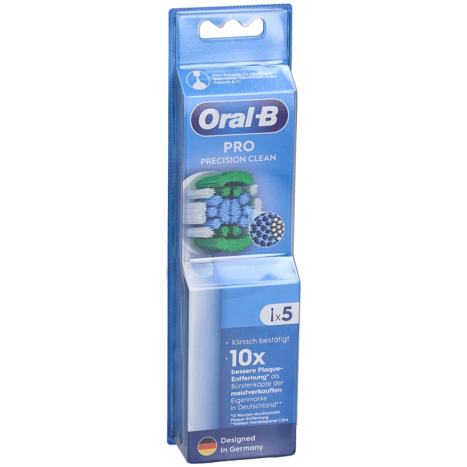 Têtes de brosse à dents Oral-B Pro Precision Clean, emballage de 5. Soies bleues et vertes. Marque et nom du produit visibles.