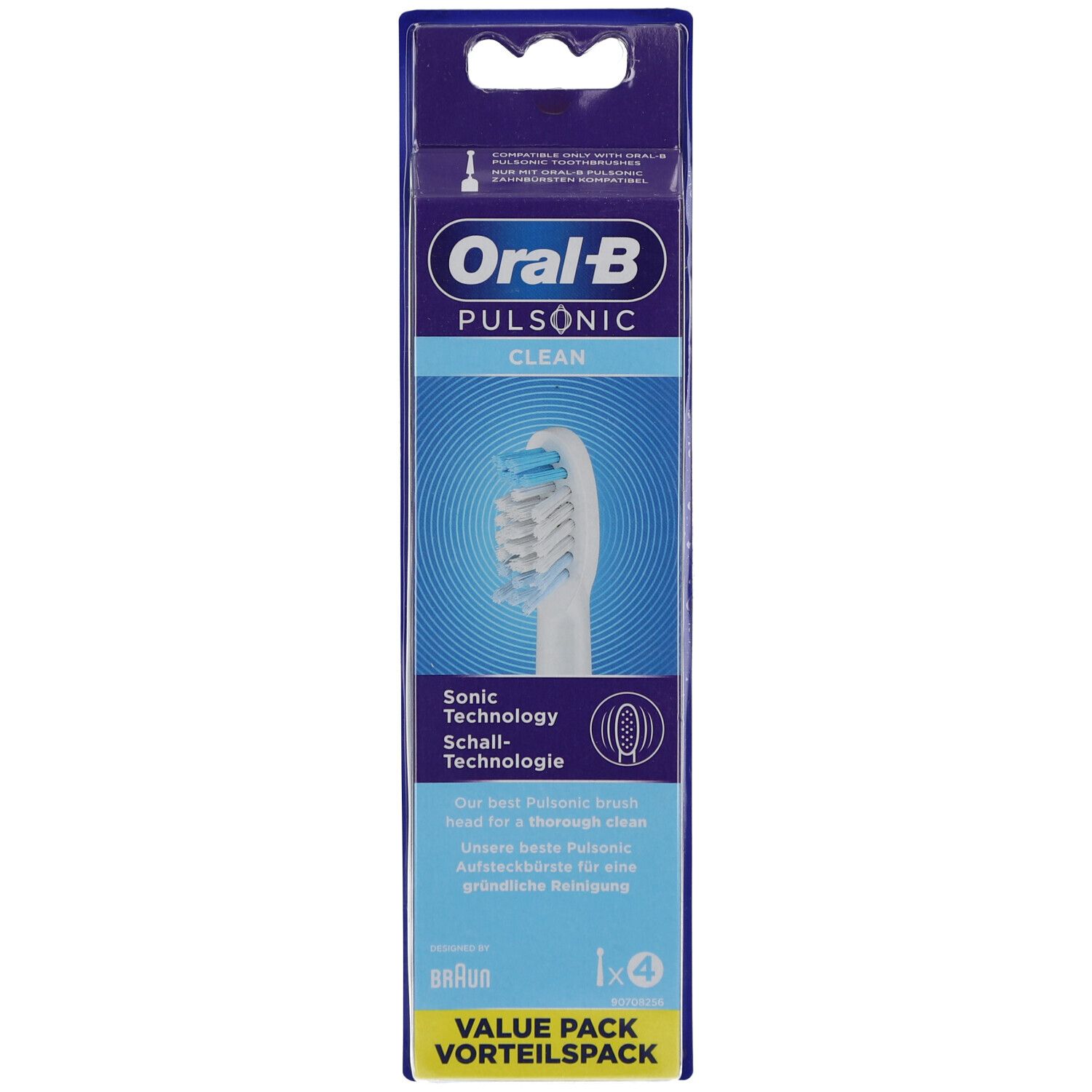 Paquet de têtes de brosse à dents. Oral-B Pulsonic Clean. Soies bleues et blanches. 4 pièces. Emballage avec informations.