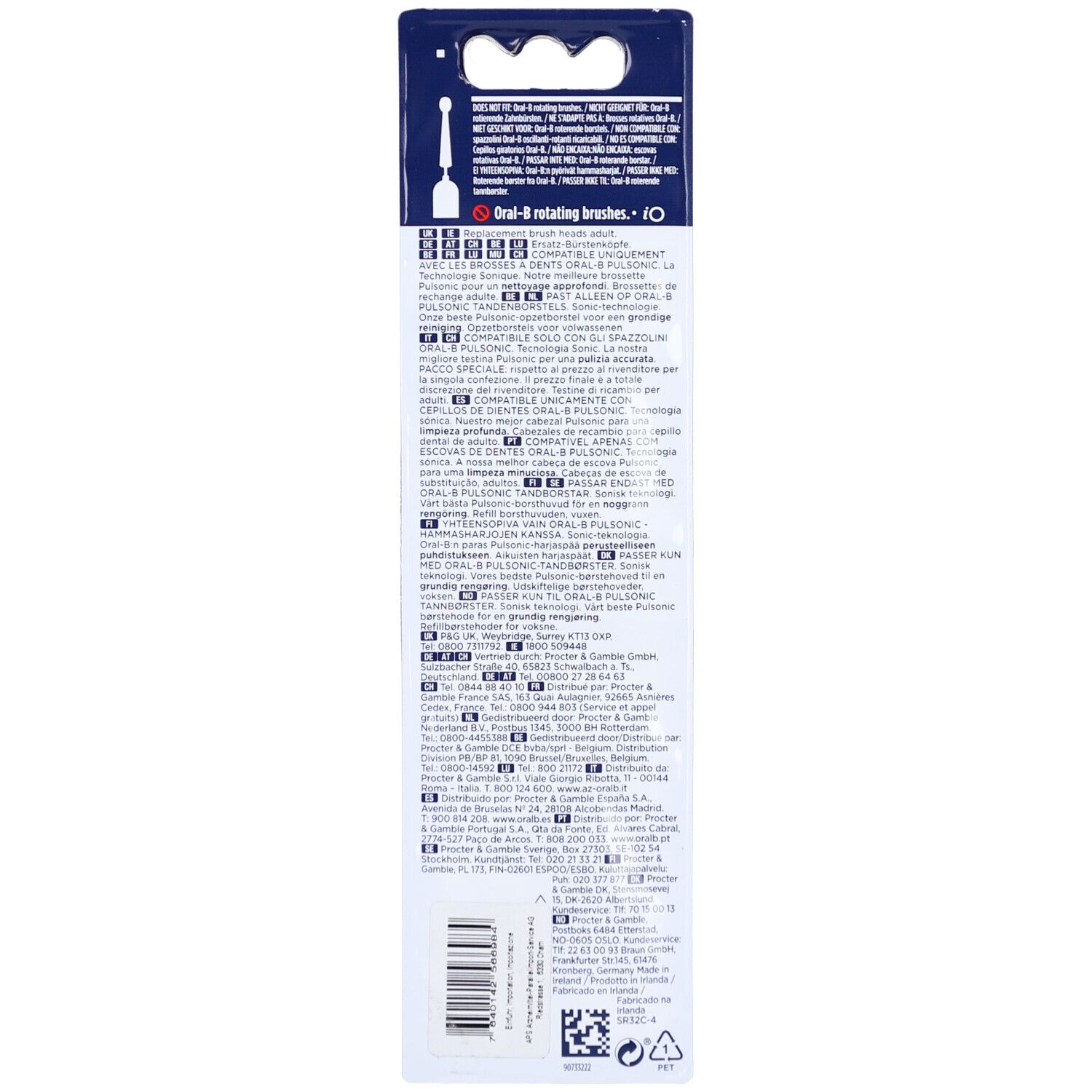 Dos du paquet de têtes de brosse à dents. Informations sur le produit et logos. Texte multilingue.