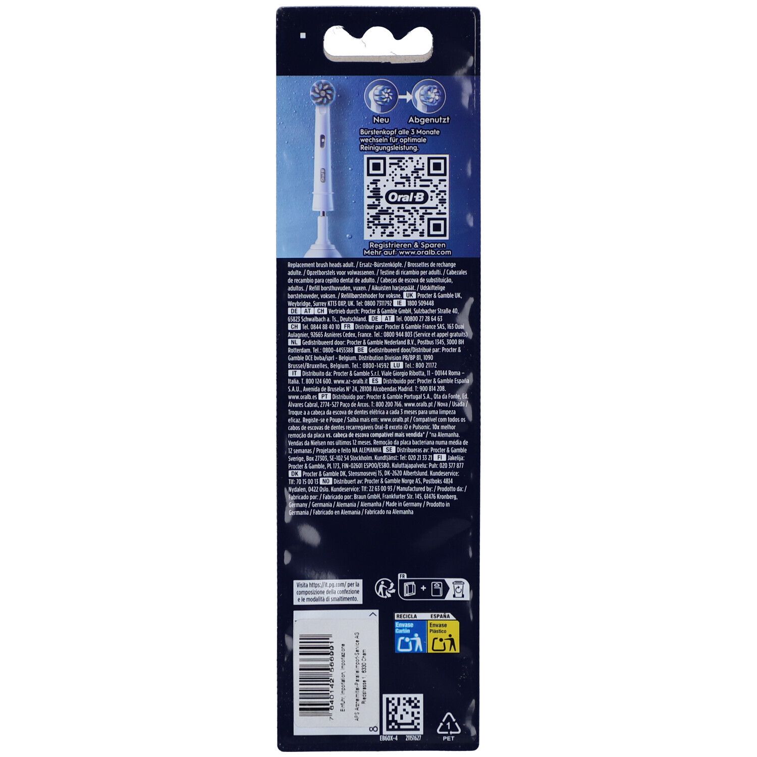 Dos de l'emballage avec informations sur le produit et code QR. Représenté : une seule tête de brosse.