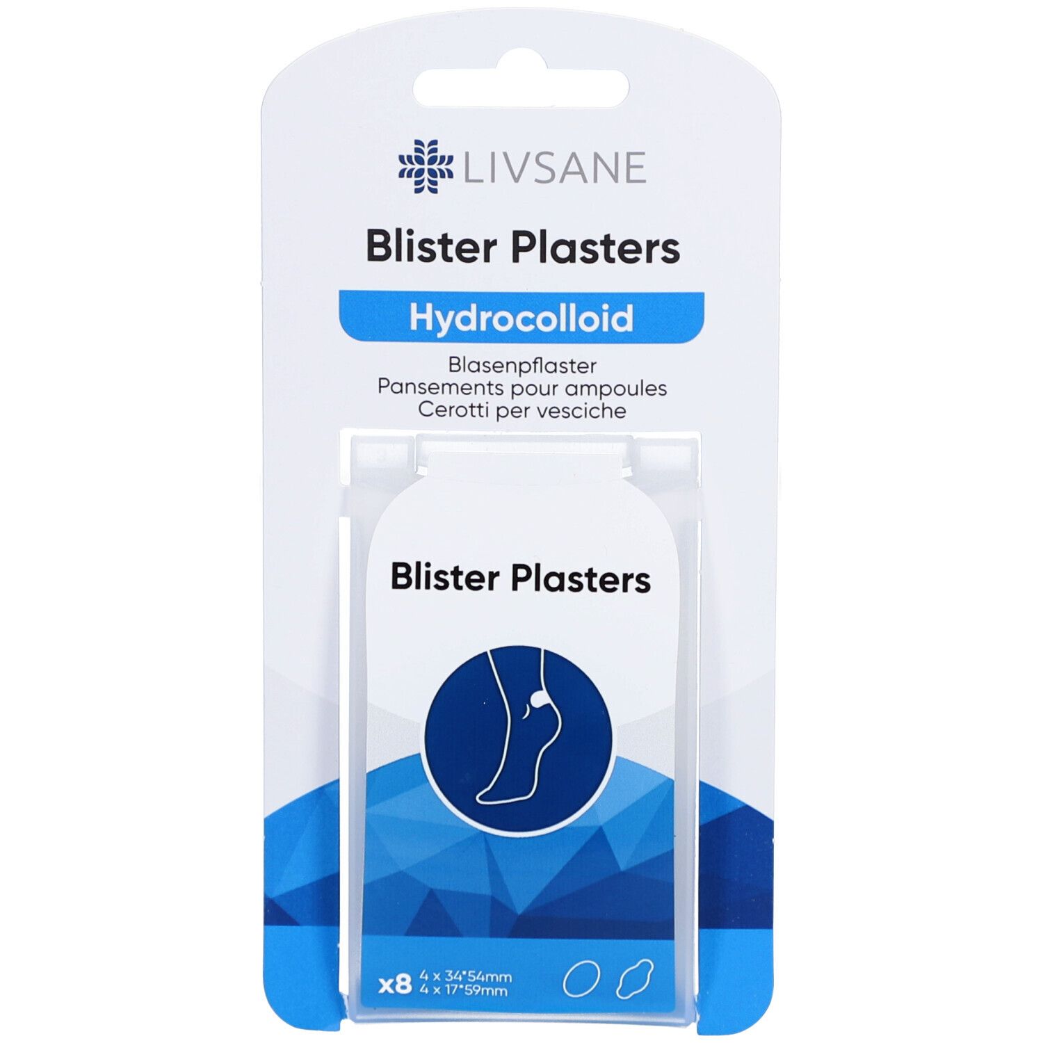 Verpackung mit LIVSANE Hydrokolloidpflaster. Blisterpflaster, 8 Stück. Sichtbar: Logo, Produktname, Größenangaben.