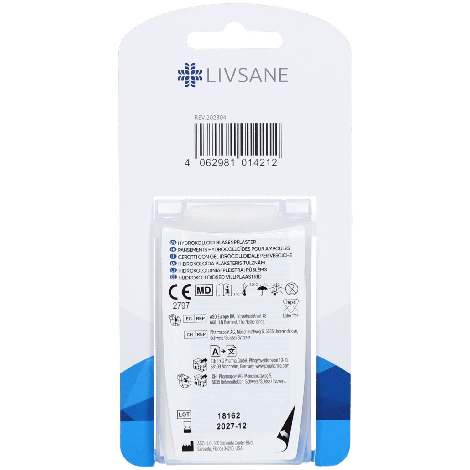 Rückseite der Verpackung mit LIVSANE Hydrokolloidpflaster. Text in mehreren Sprachen. Sichtbar: Barcode, CE-Kennzeichnung.