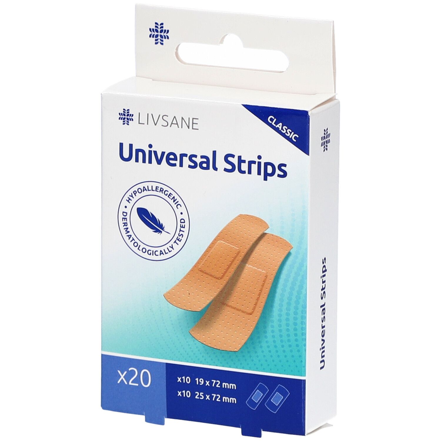Schachtel mit Pflastern. LIVSANE Classic Universal Strips. 20 Stück. 19x72mm & 25x72mm. Dermatologisch getestet.