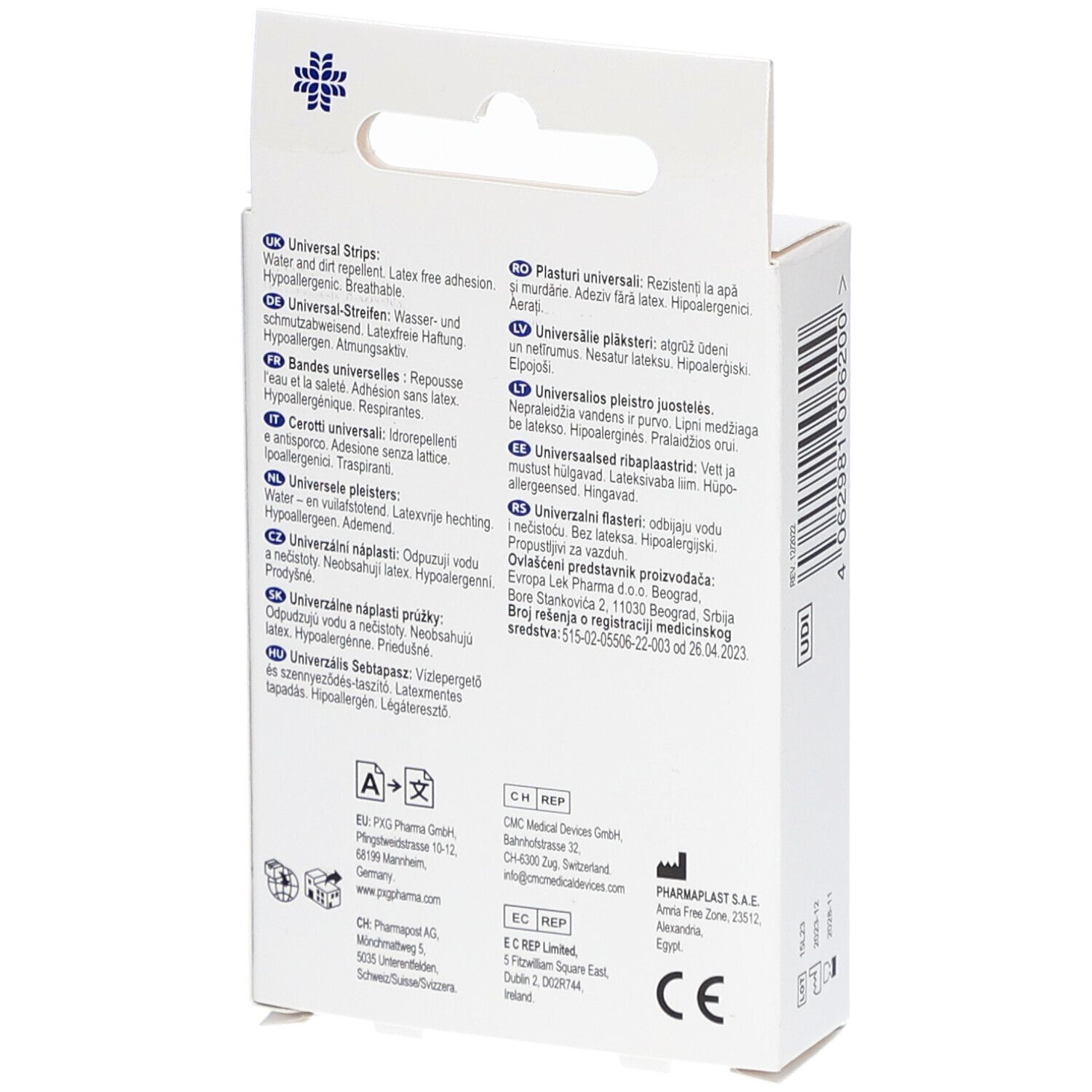 Rückseite der Pflasterbox. Text in mehreren Sprachen. CE-Kennzeichnung. Herstellerinformationen.