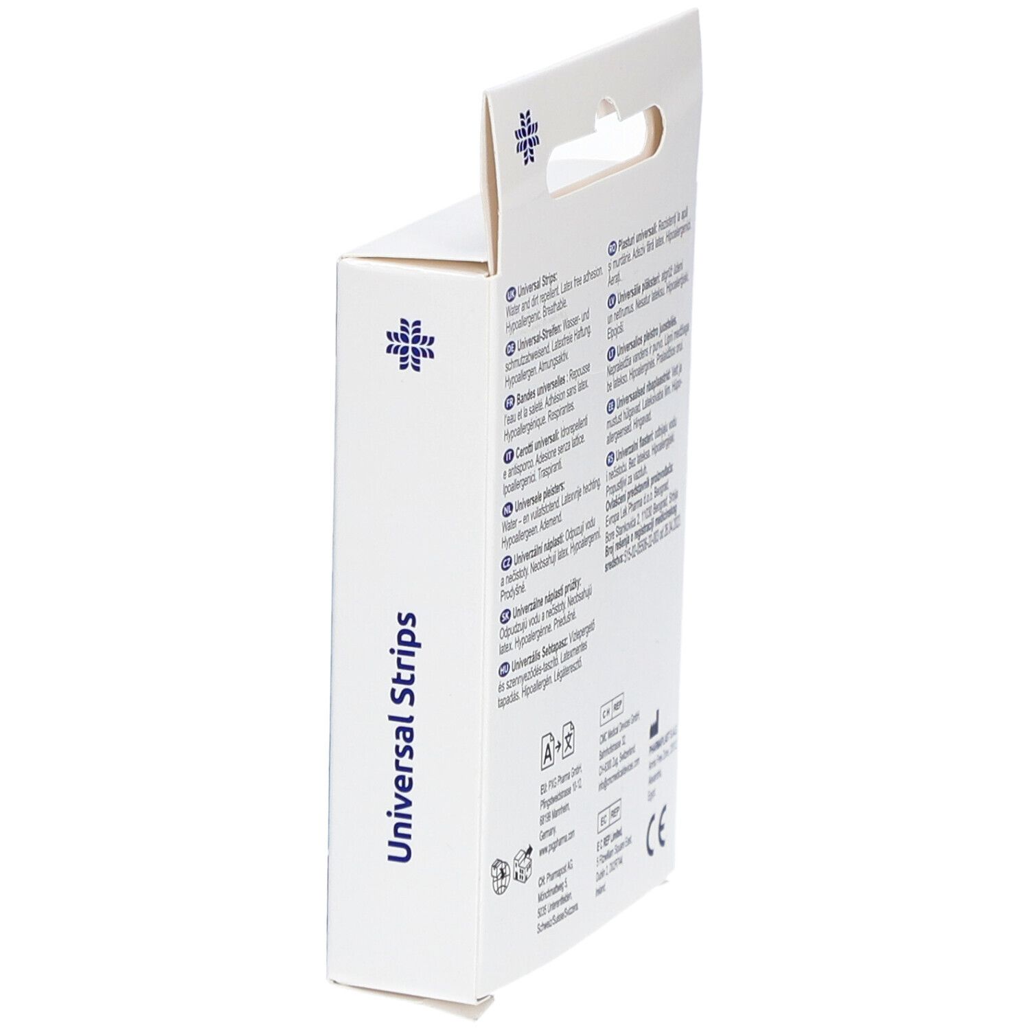 Seitenansicht der Pflasterbox. LIVSANE Universal Strips. CE-Kennzeichnung. Text in mehreren Sprachen.