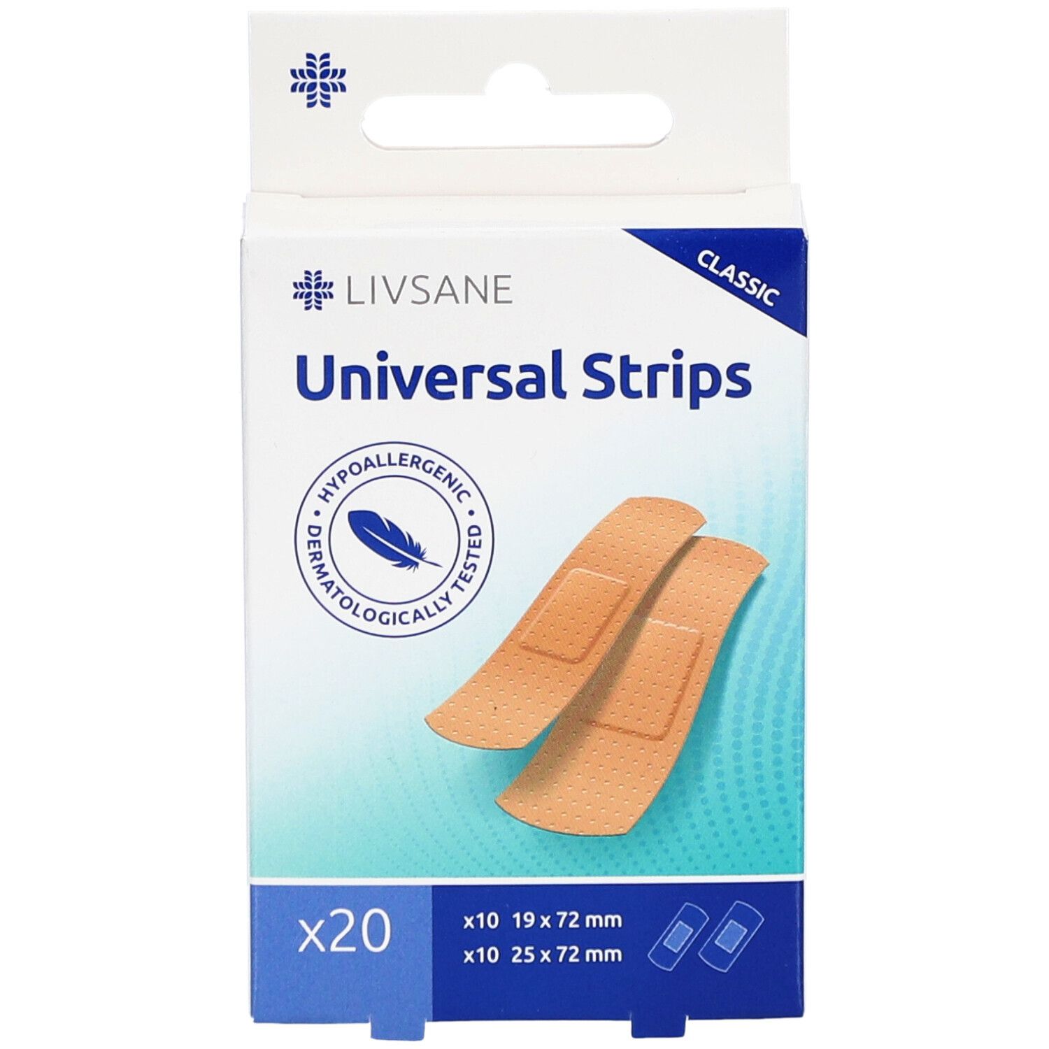 Vorderansicht der Pflasterbox. LIVSANE Classic Universal Strips. 20 Stück. 19x72mm & 25x72mm. Dermatologisch getestet.