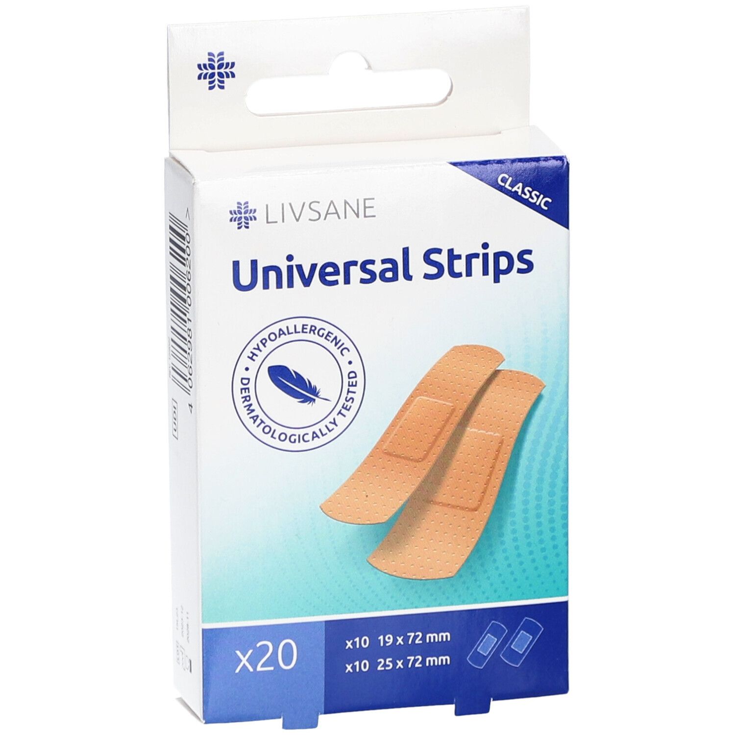 Vorderansicht der Pflasterbox. LIVSANE Classic Universal Strips. 20 Stück. 19x72mm & 25x72mm. Dermatologisch getestet.