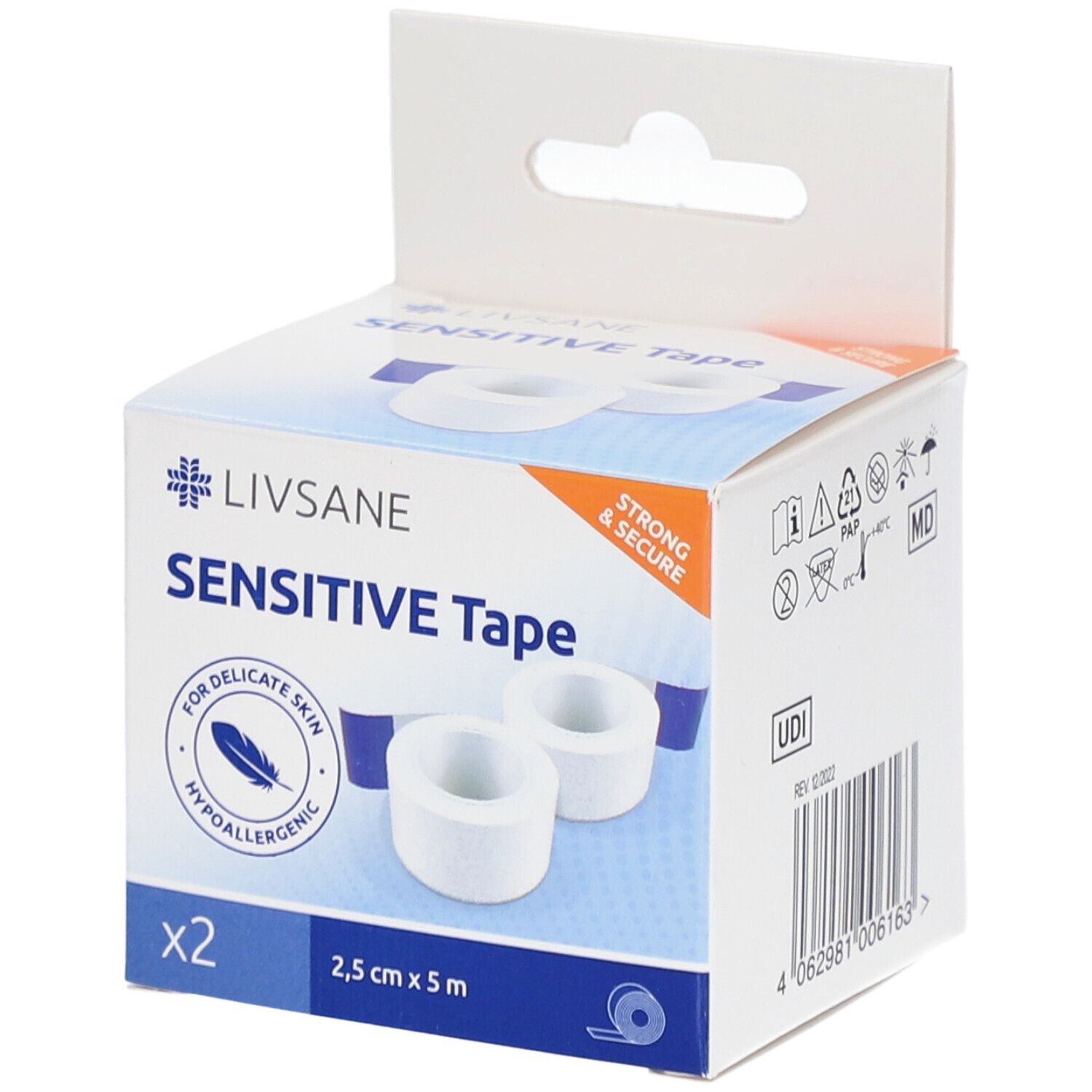 Verpackung mit LIVSANE Sensitive Tape. Enthält zwei Rollen. Aufdrucke: Sensitive Tape, 2,5 cm x 5 m, hypoallergen.