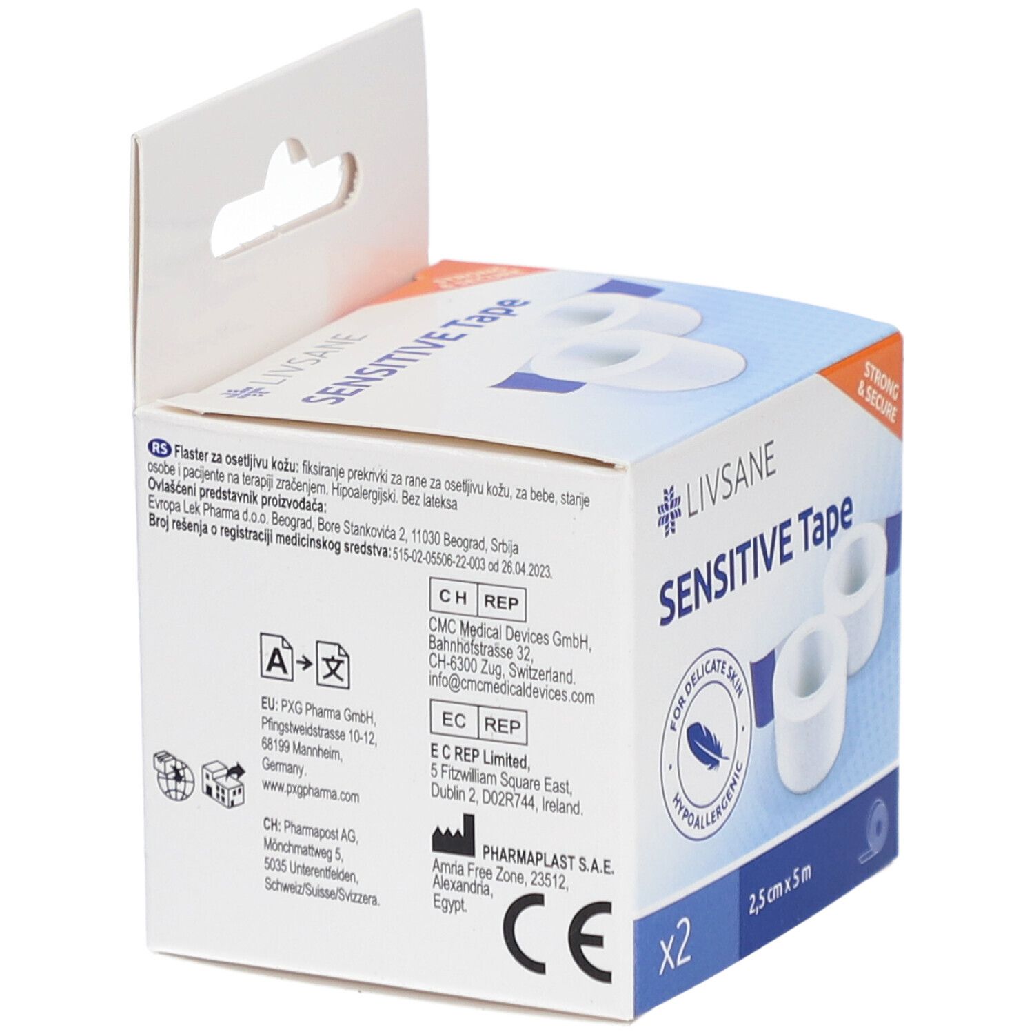 Rückseite der Verpackung von LIVSANE Sensitive Tape. Enthält Text in verschiedenen Sprachen. CE-Kennzeichnung.