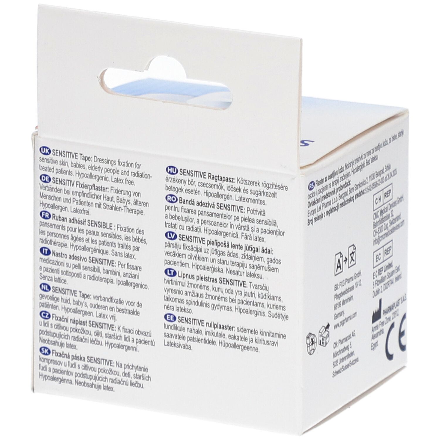 Rückseite der Verpackung von LIVSANE Sensitive Tape. Text in verschiedenen Sprachen. CE-Kennzeichnung.